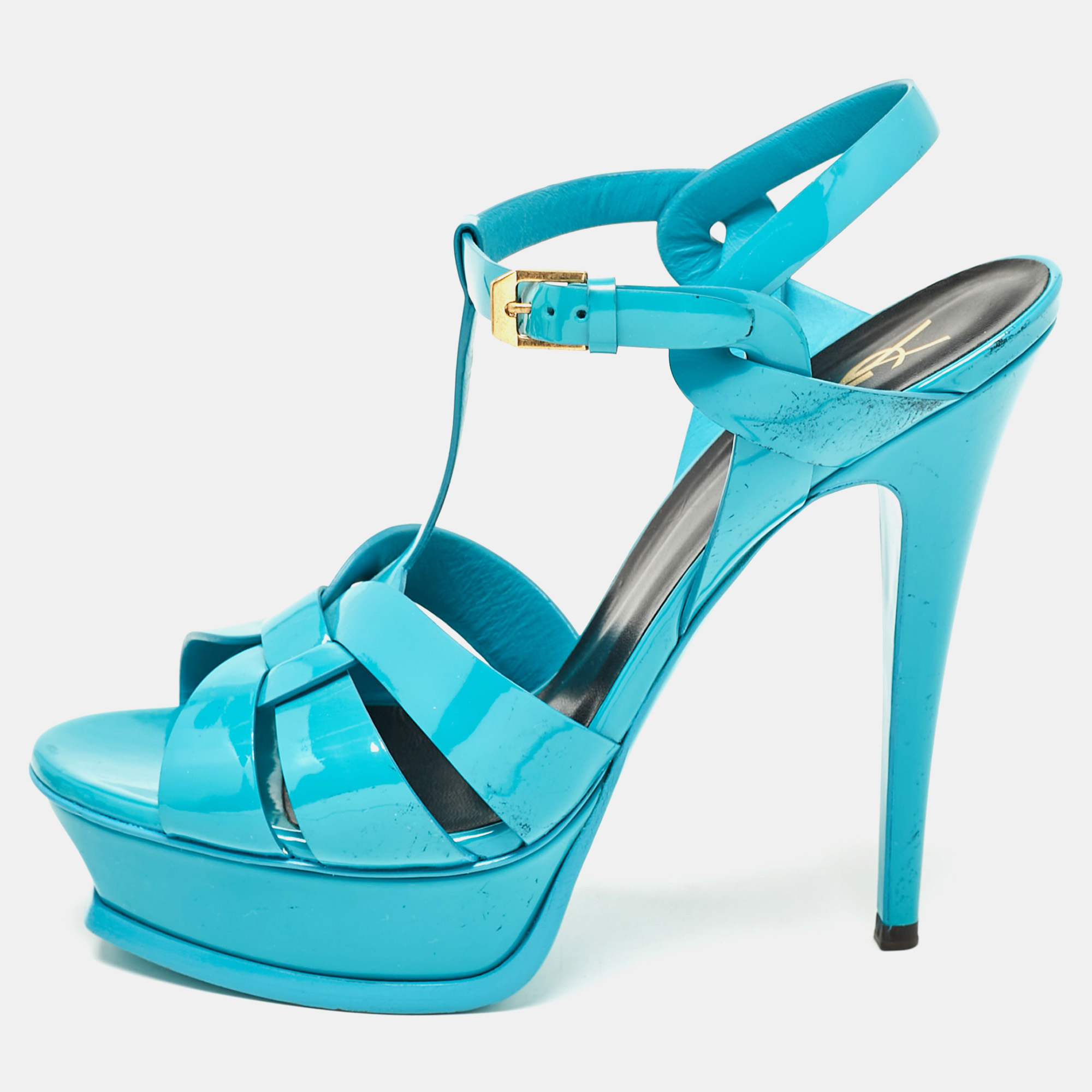 

Saint Laurent Blue Patent Leather Tribute Platform Sandals Size