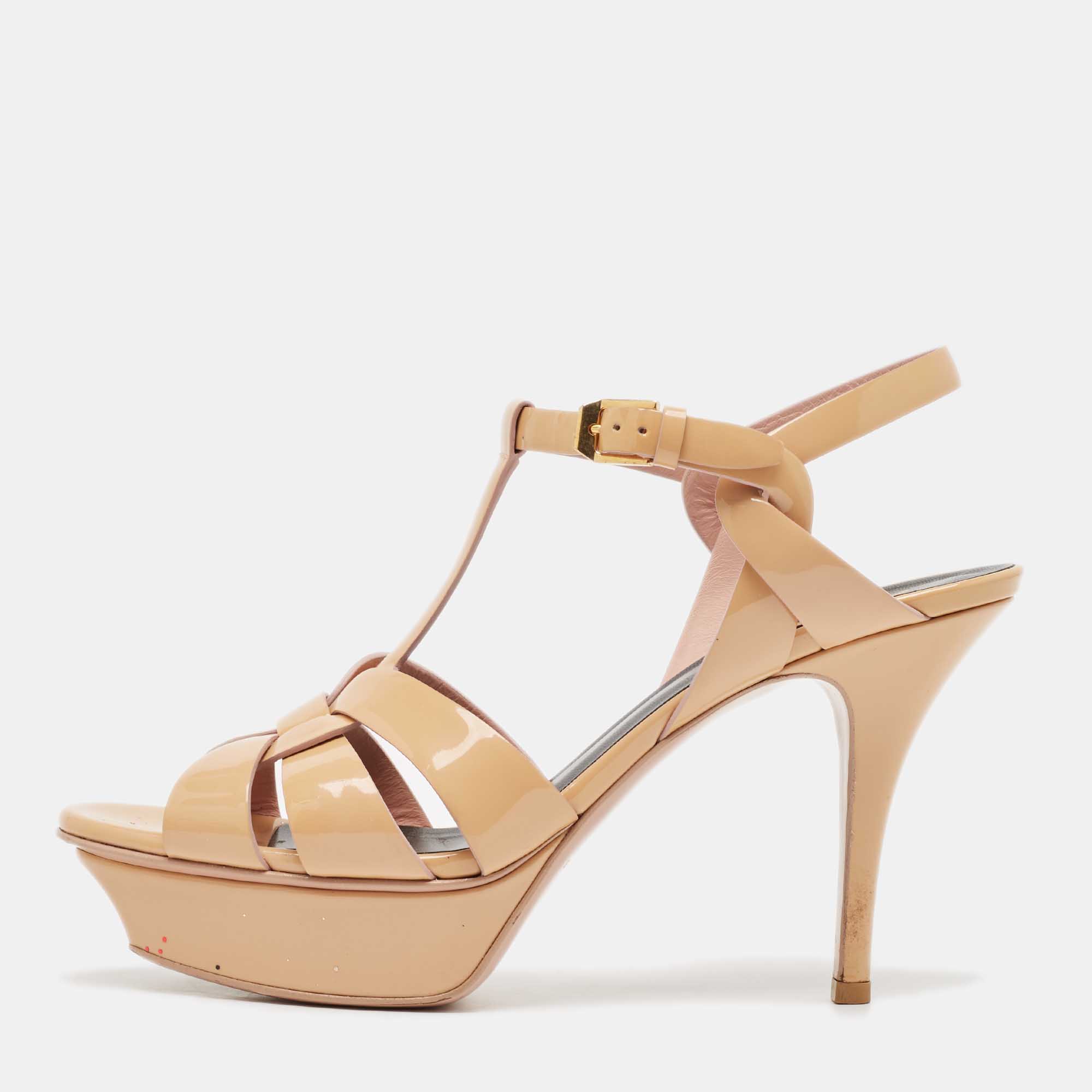 

Saint Laurent Beige Patent Leather Tribute Platform Sandals Size