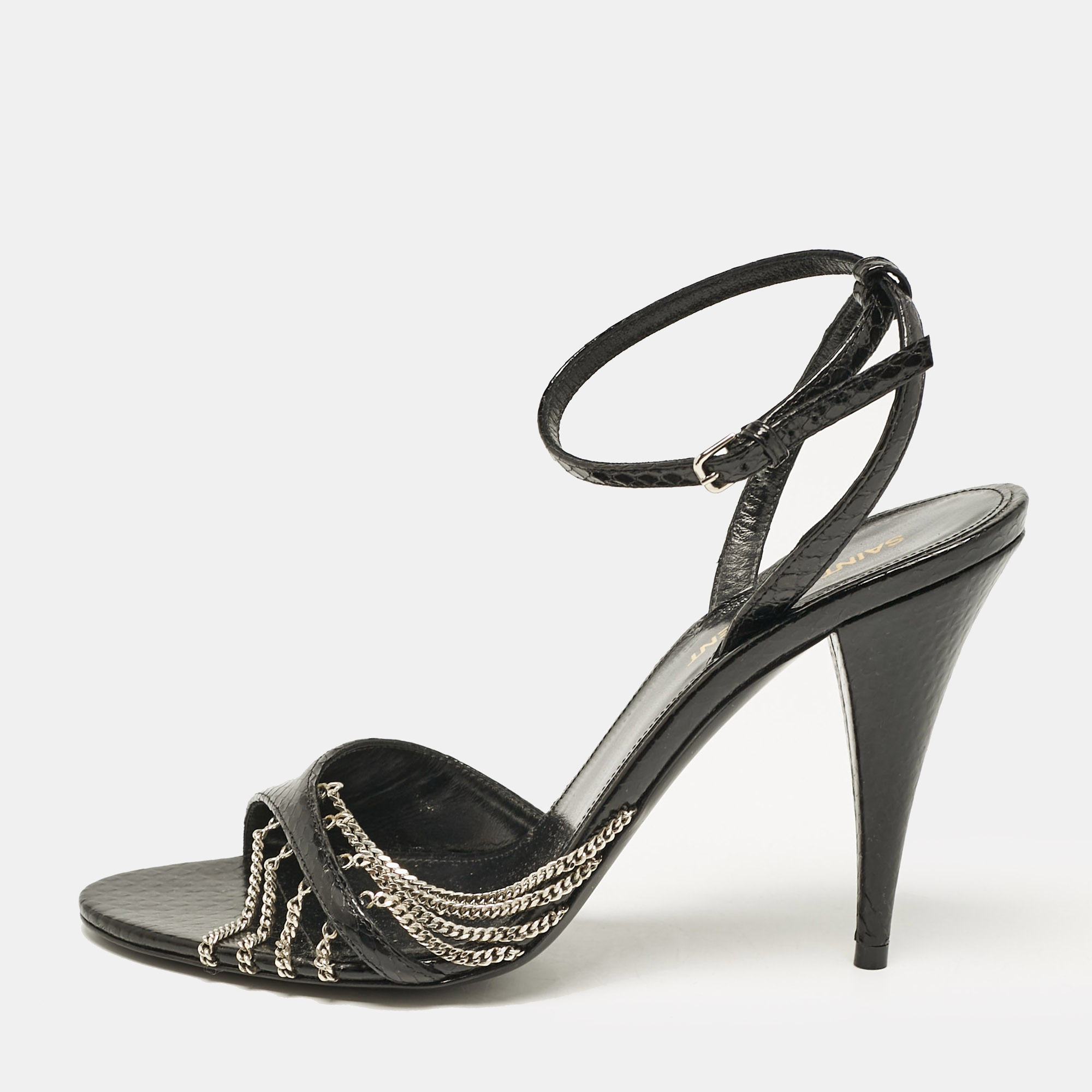 

Saint Laurent Black Snakeskin Leather Ankle Strap Sandals Size