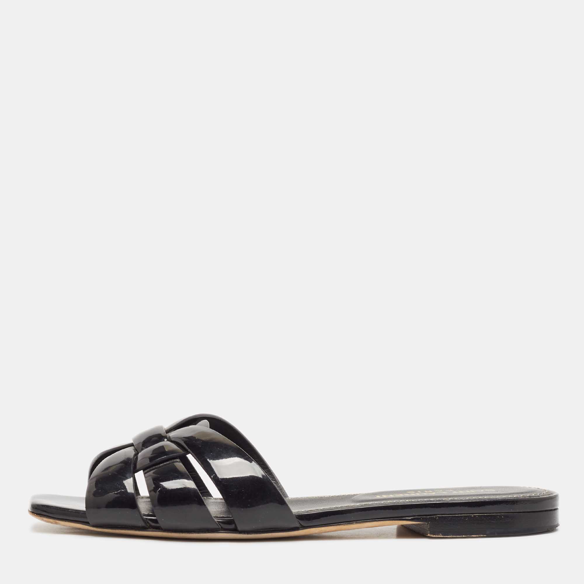 

Saint Laurent Black Patent Leather Tribute Flat Slides Size