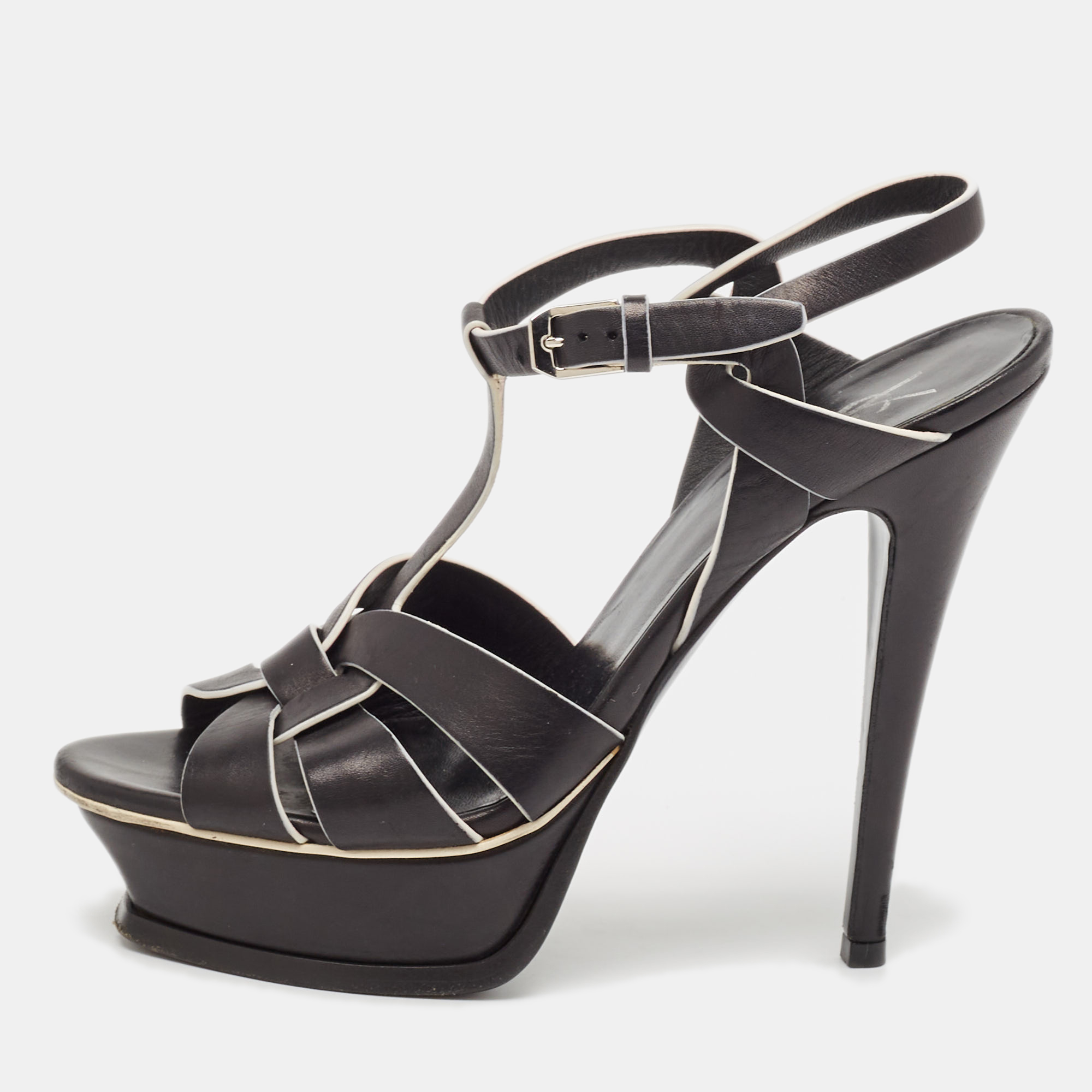 

Saint Laurent Black/White Leather Tribute Ankle Strap Sandals Size