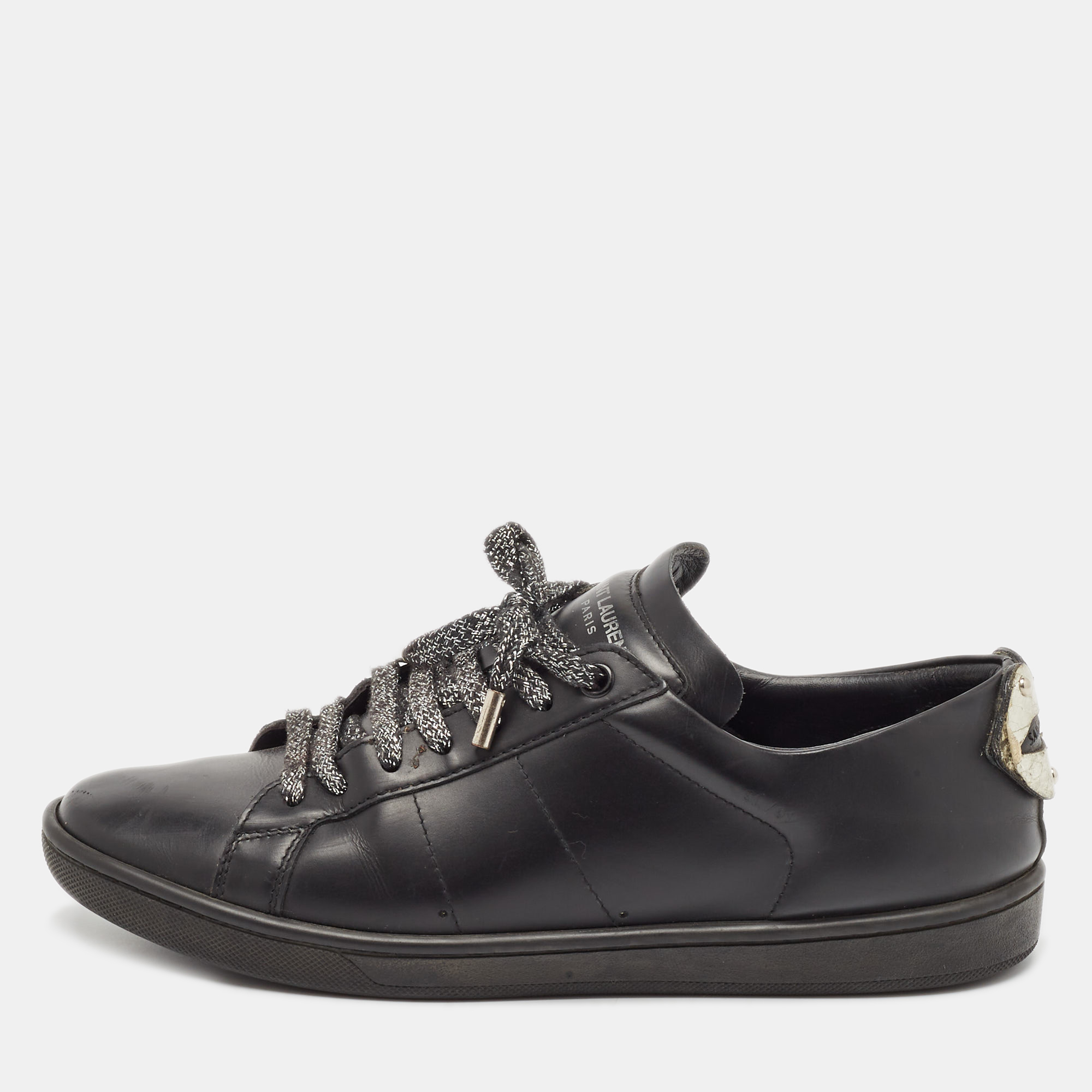 

Saint Laurent Black Leather Ayers Signature Court Lips Sneakers Size