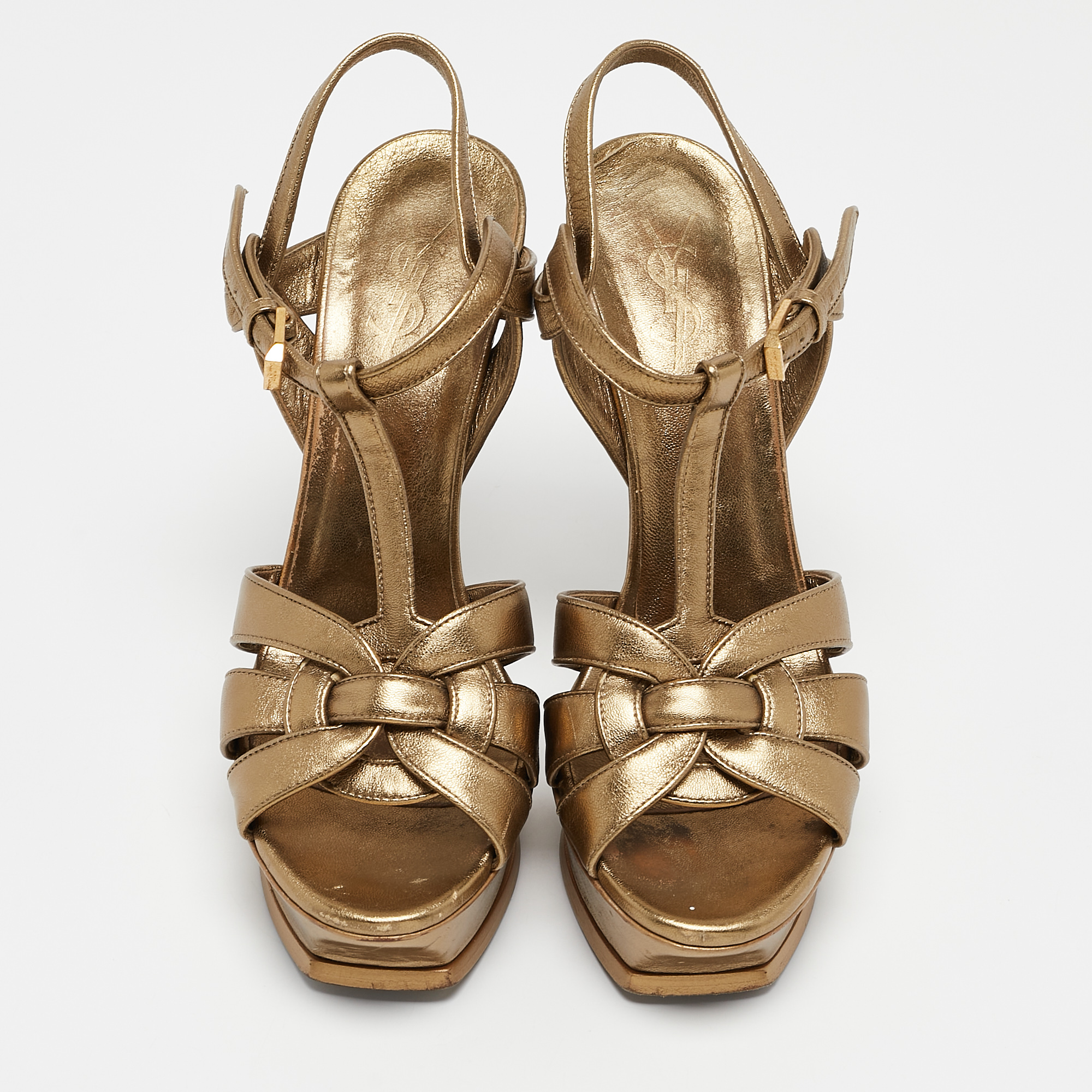 Saint Laurent Gold Leather Tribute Platform Sandals Size 39 