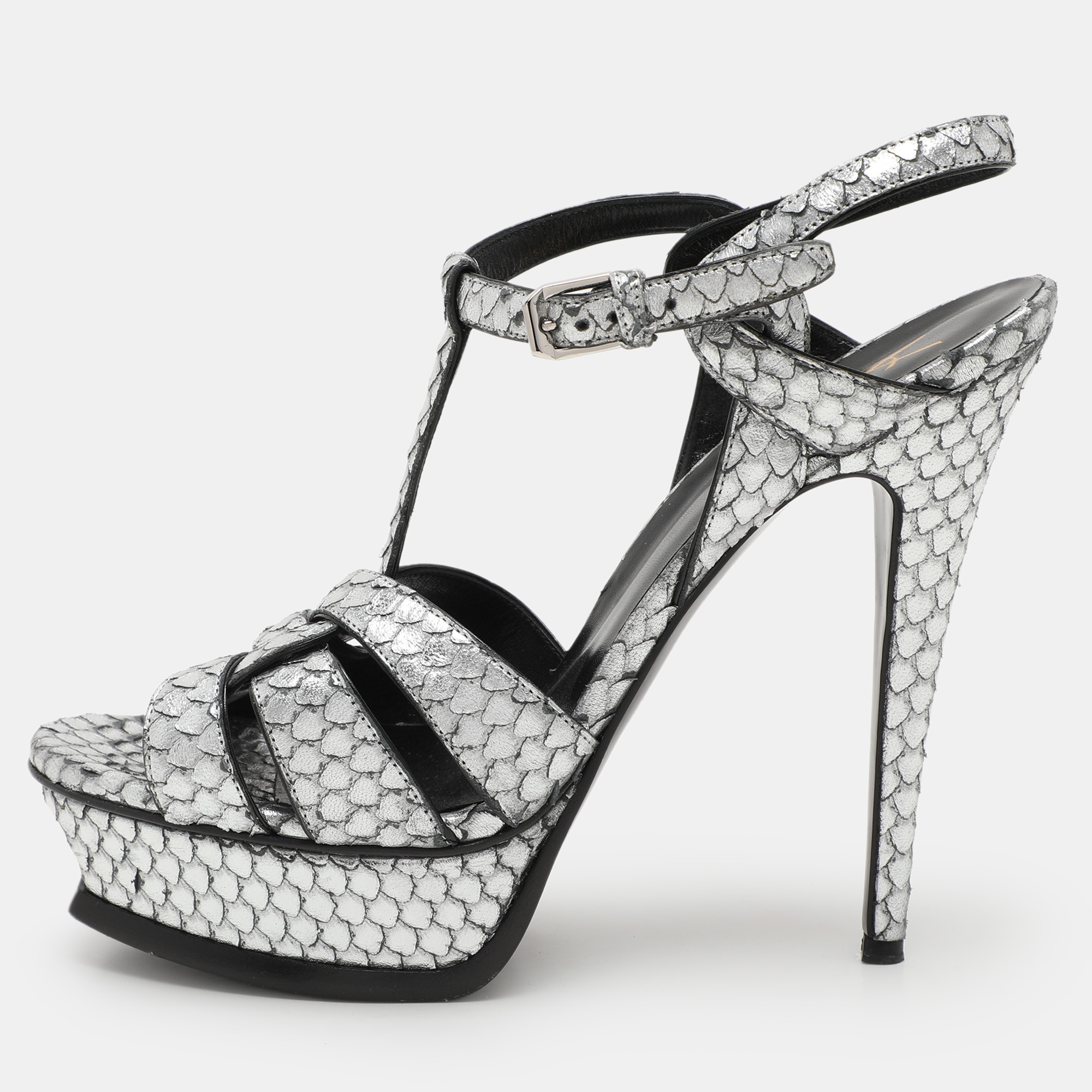 

Saint Laurent Paris Silver Python Embossed Leather Tribute Platform Sandals Size 38.5