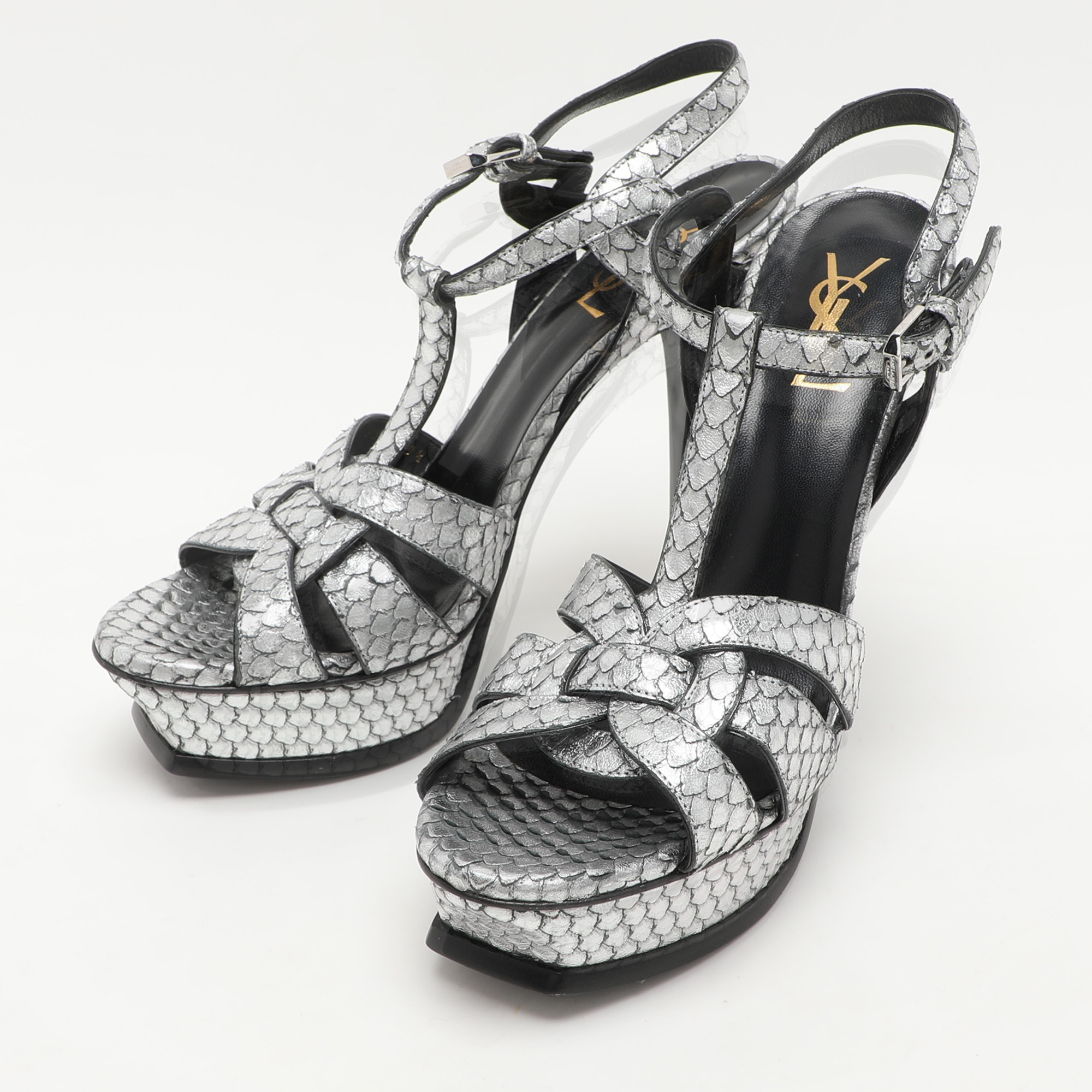 Saint Laurent Paris Silver Python Embossed Leather Tribute Platform Sandals Size 38.5 