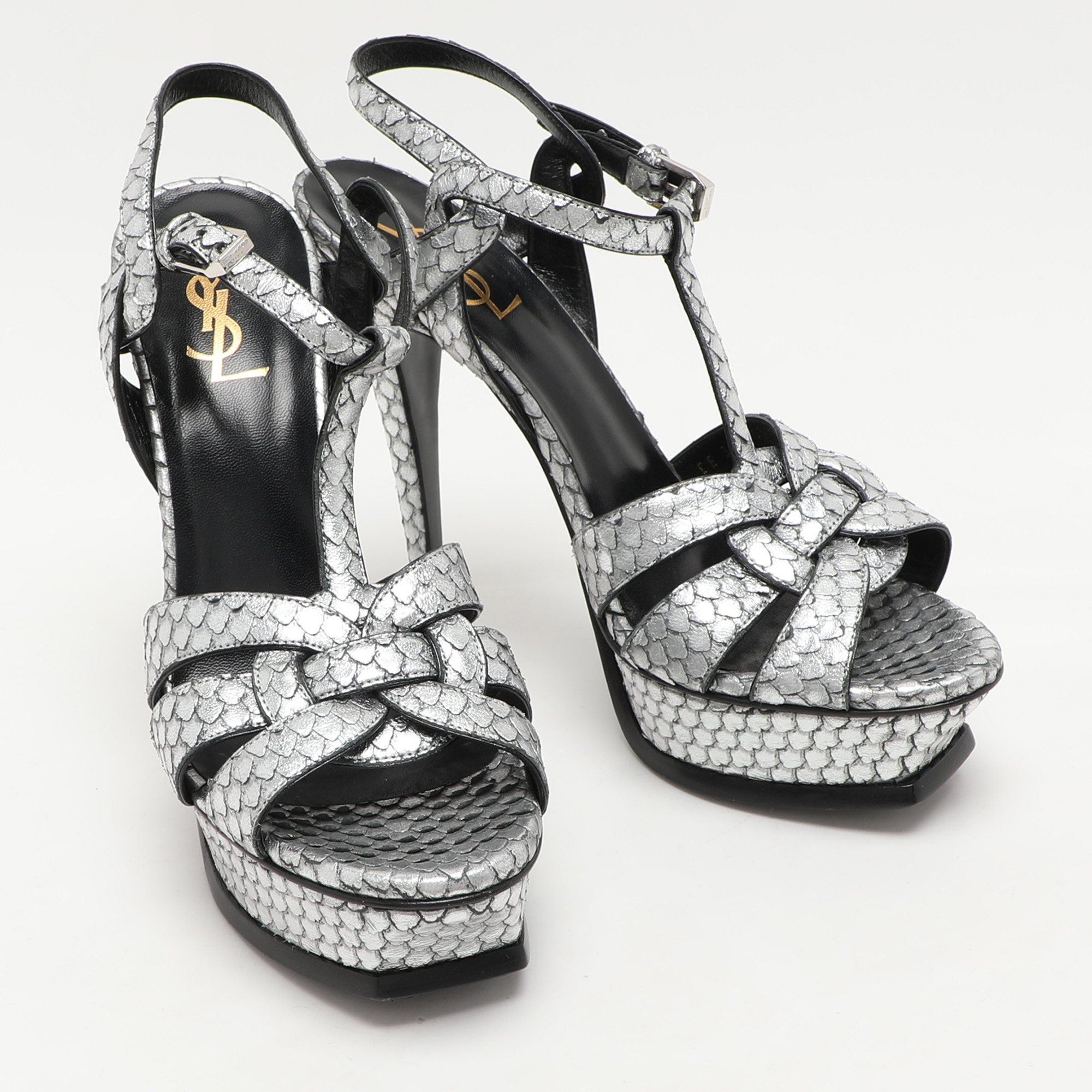 Saint Laurent Paris Silver Python Embossed Leather Tribute Platform Sandals Size 38.5 