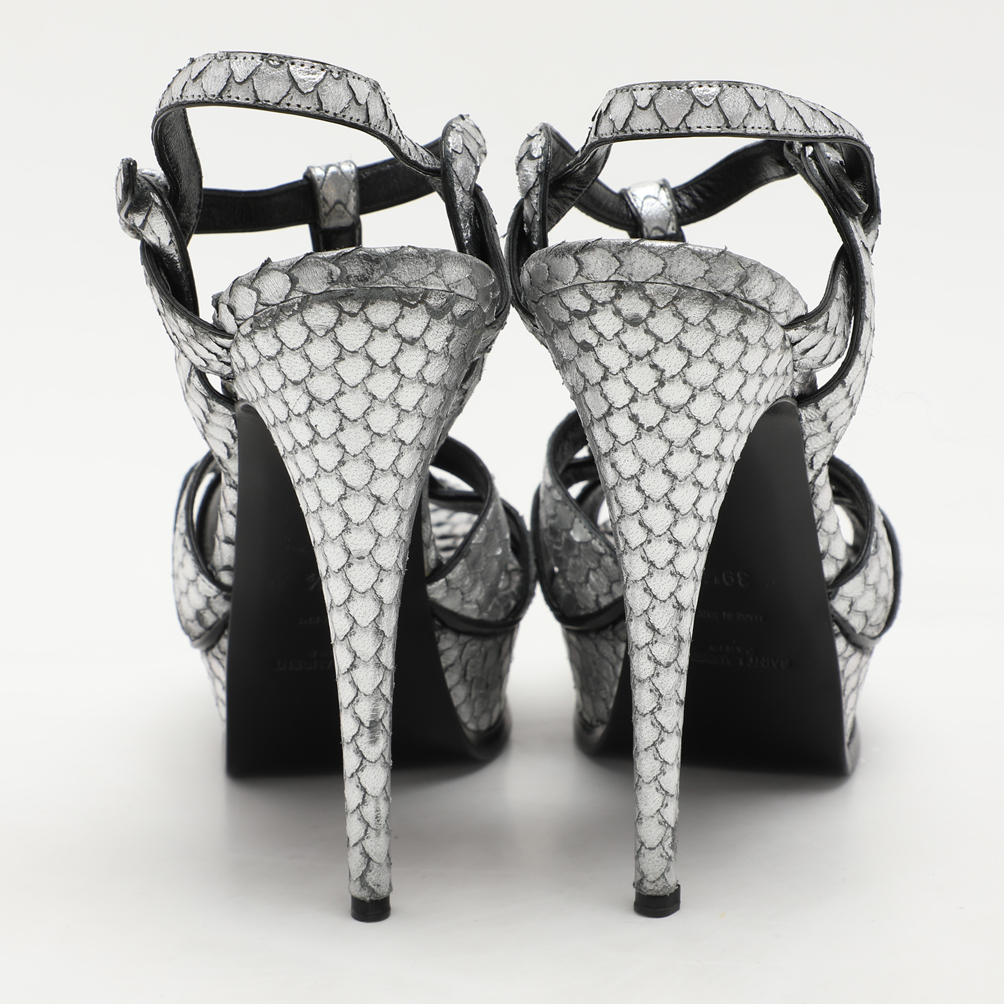 Saint Laurent Paris Silver Python Embossed Leather Tribute Platform Sandals Size 38.5 
