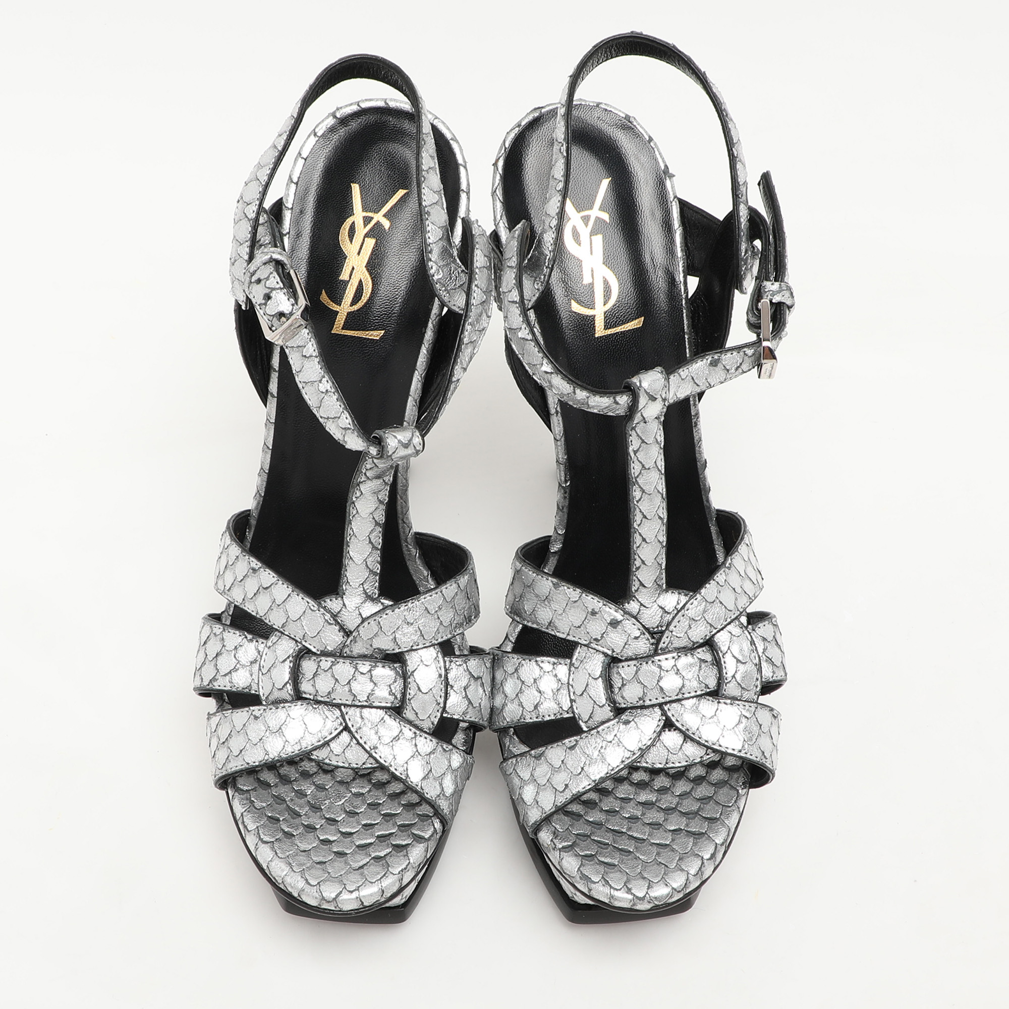 Saint Laurent Paris Silver Python Embossed Leather Tribute Platform Sandals Size 38.5 