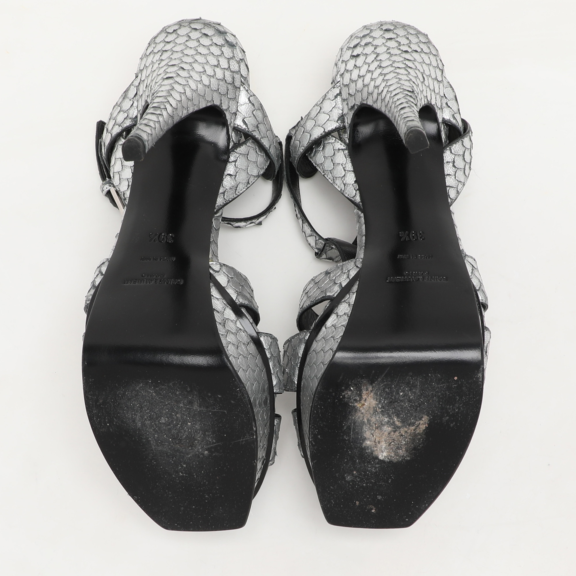 Saint Laurent Paris Silver Python Embossed Leather Tribute Platform Sandals Size 38.5 
