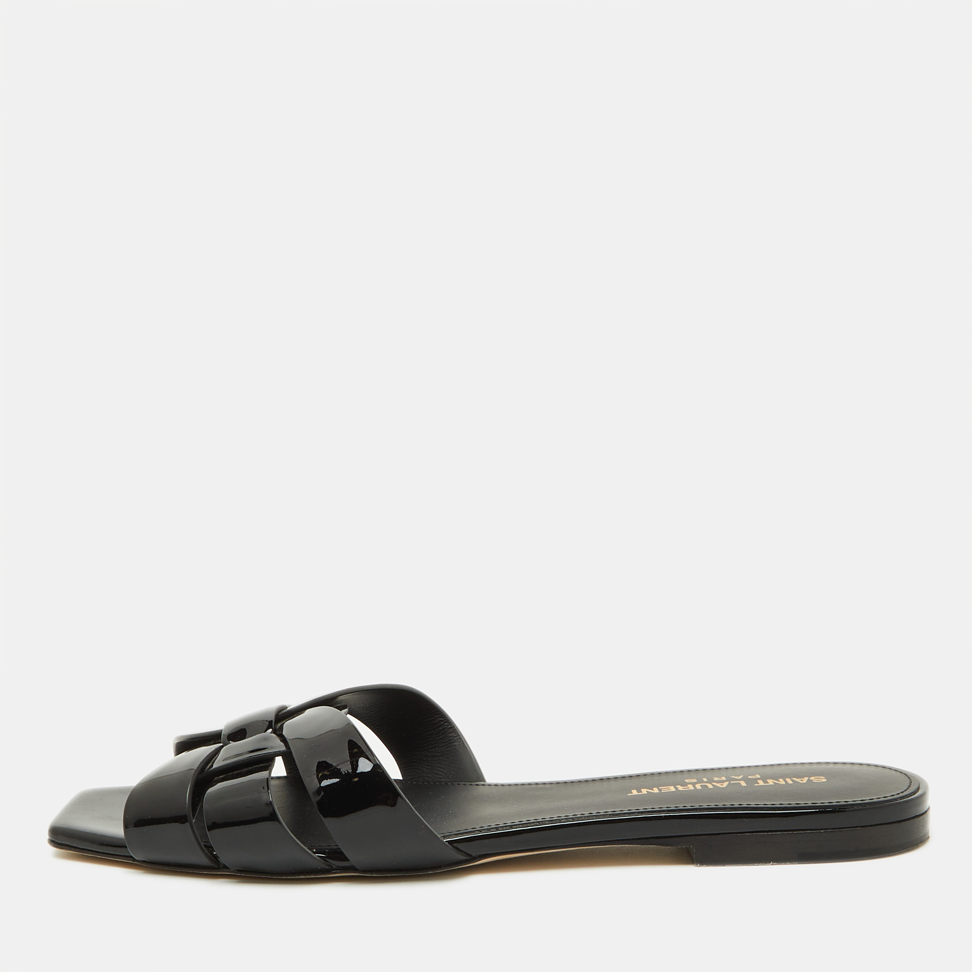 

Saint Laurent Black Patent Leather Tribute Flat Sandals Size