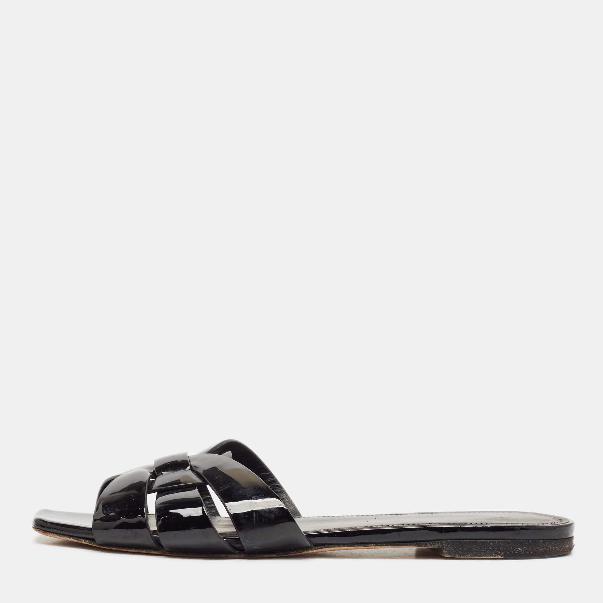 

Saint Laurent Black Patent Leather Tribute Flat Slides Size