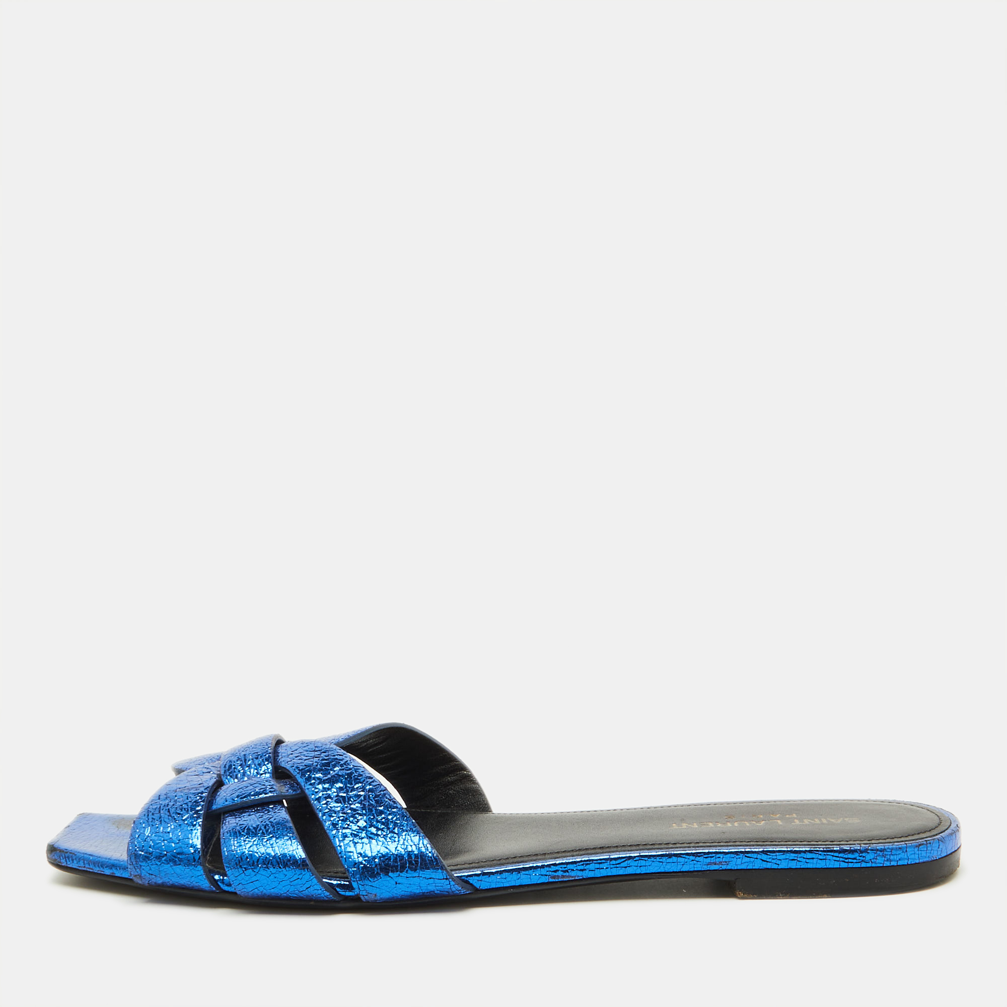 

Saint Laurent Metallic Blue Leather Tribute Flat Sandals Size