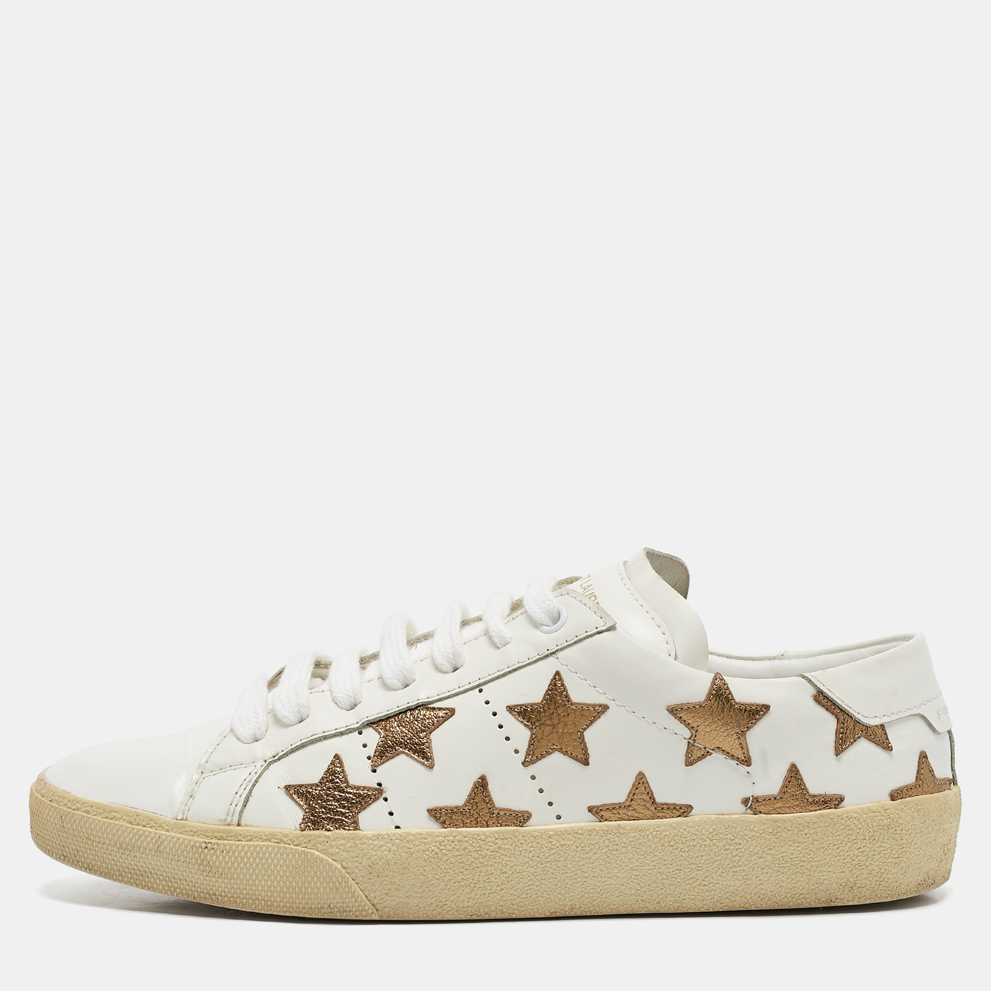 

Saint Laurent White/Gold Leather Star Court Classic California Sneakers Size