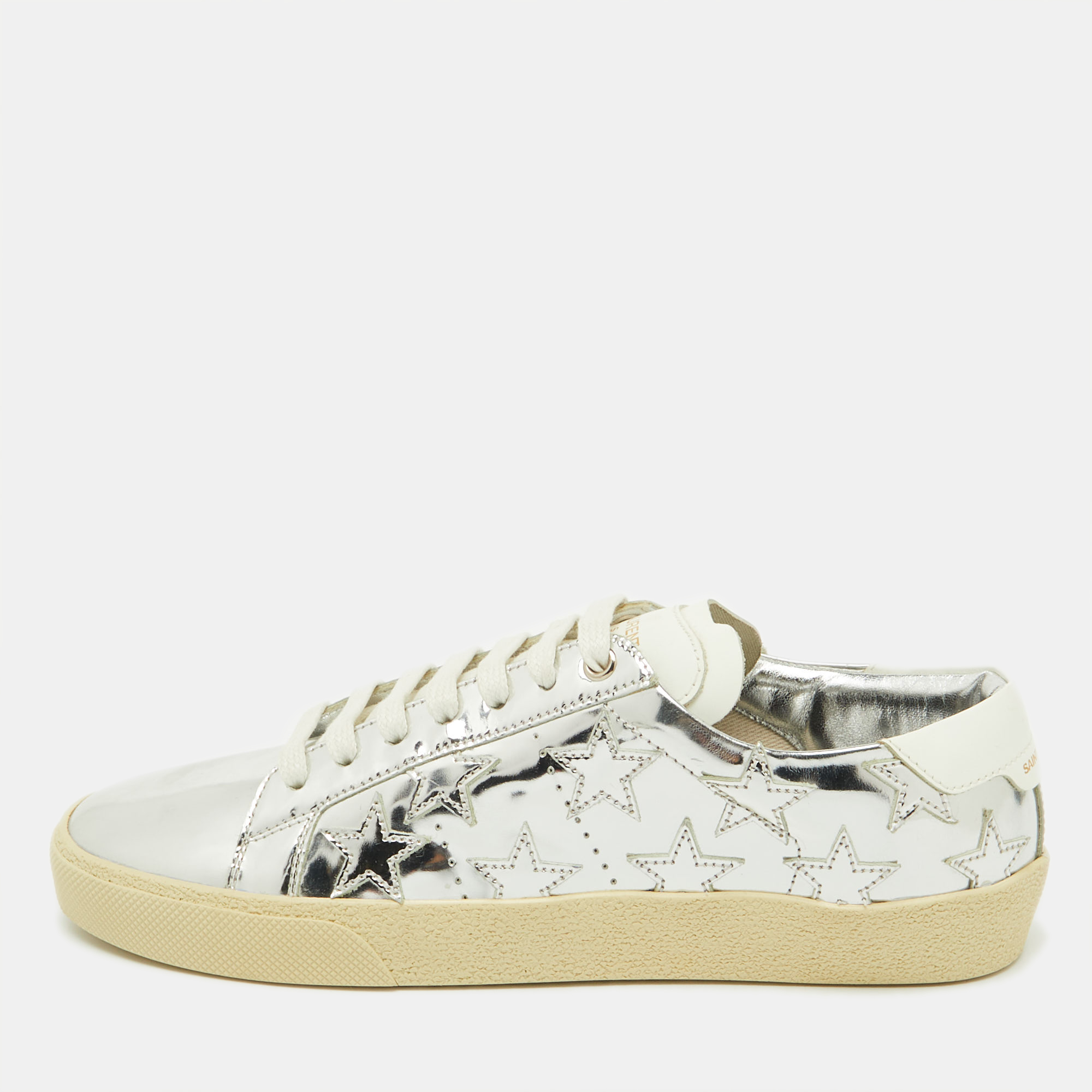 

Saint Laurent Silver/White Leather Star Alpha Low Top Sneakers Size