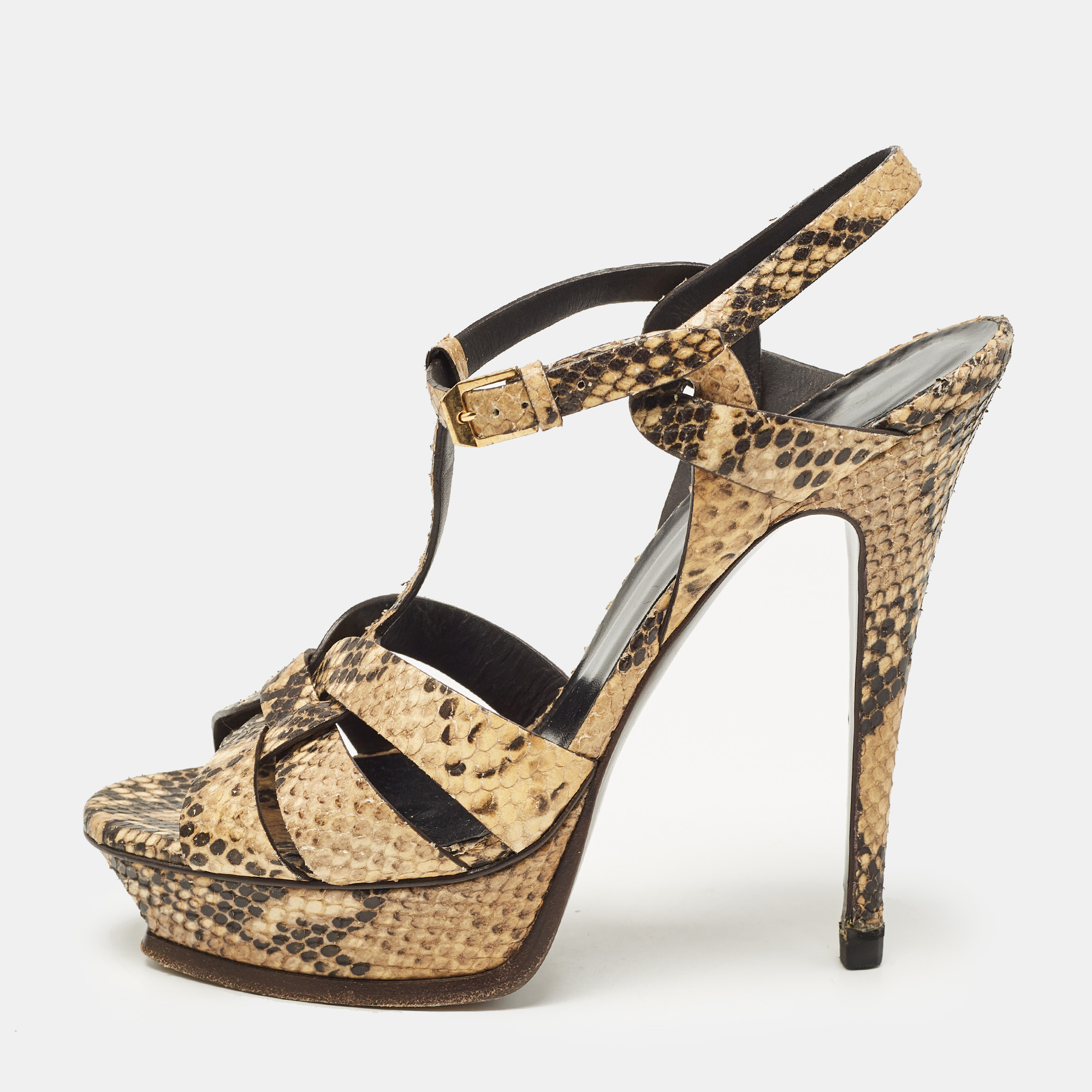 

Saint Laurent Beige/Black Python Embossed Leather Tribute Platform Sandals Size