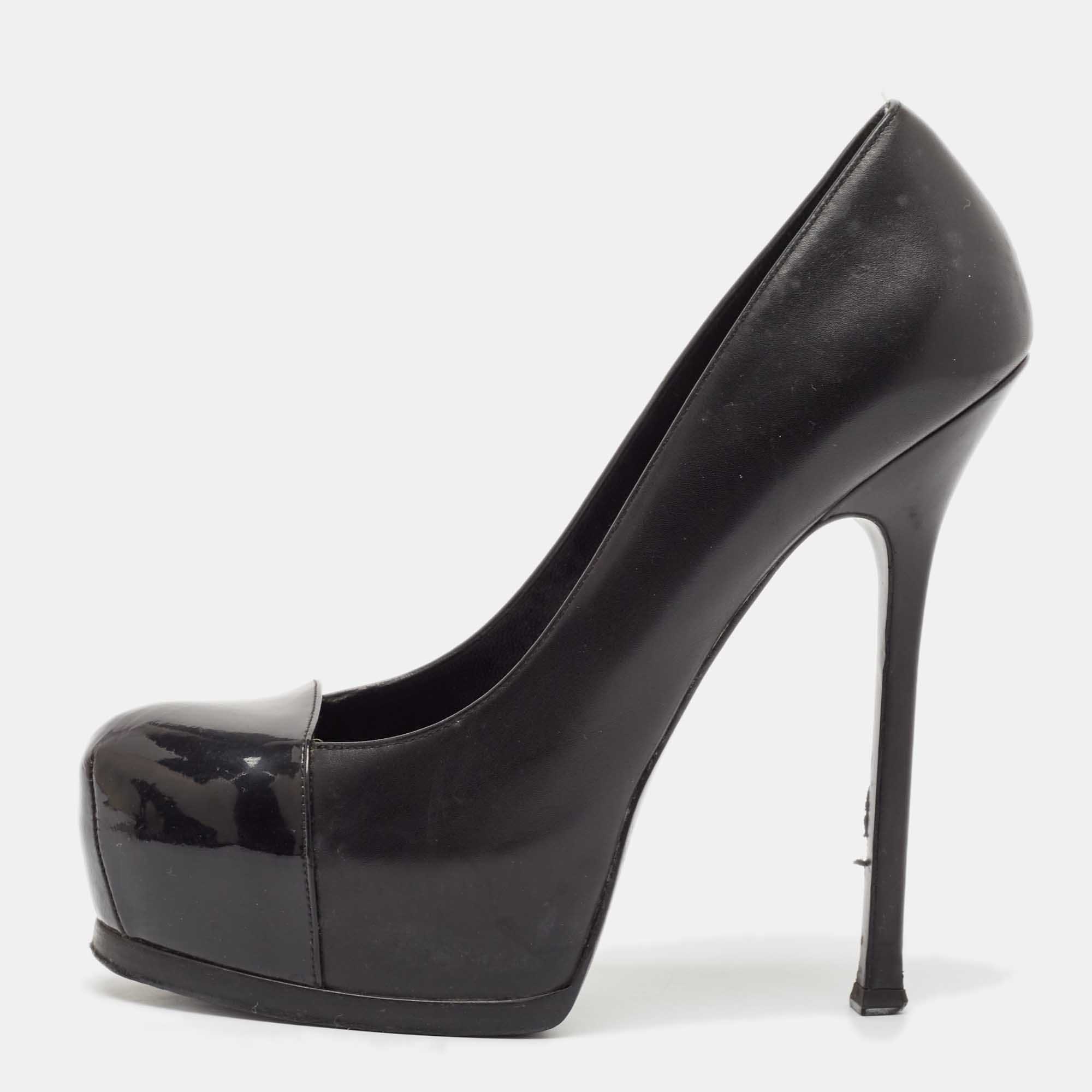 

Saint Laurent Black Leather and Patent Leather Tribtoo Platform Pumps Size 40