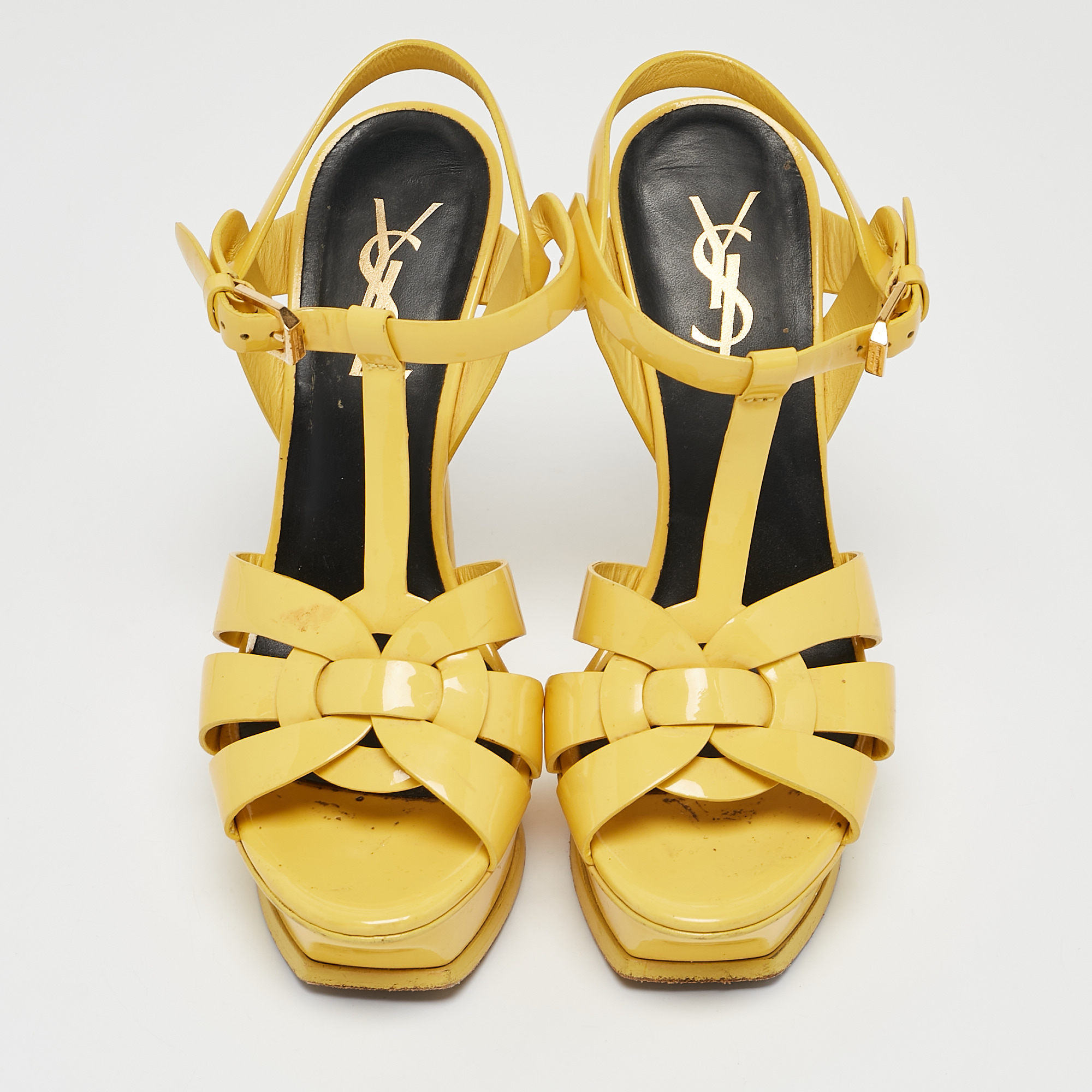 Saint Laurent Yellow Patent Leather Tribute Platform Sandals Size 35 
