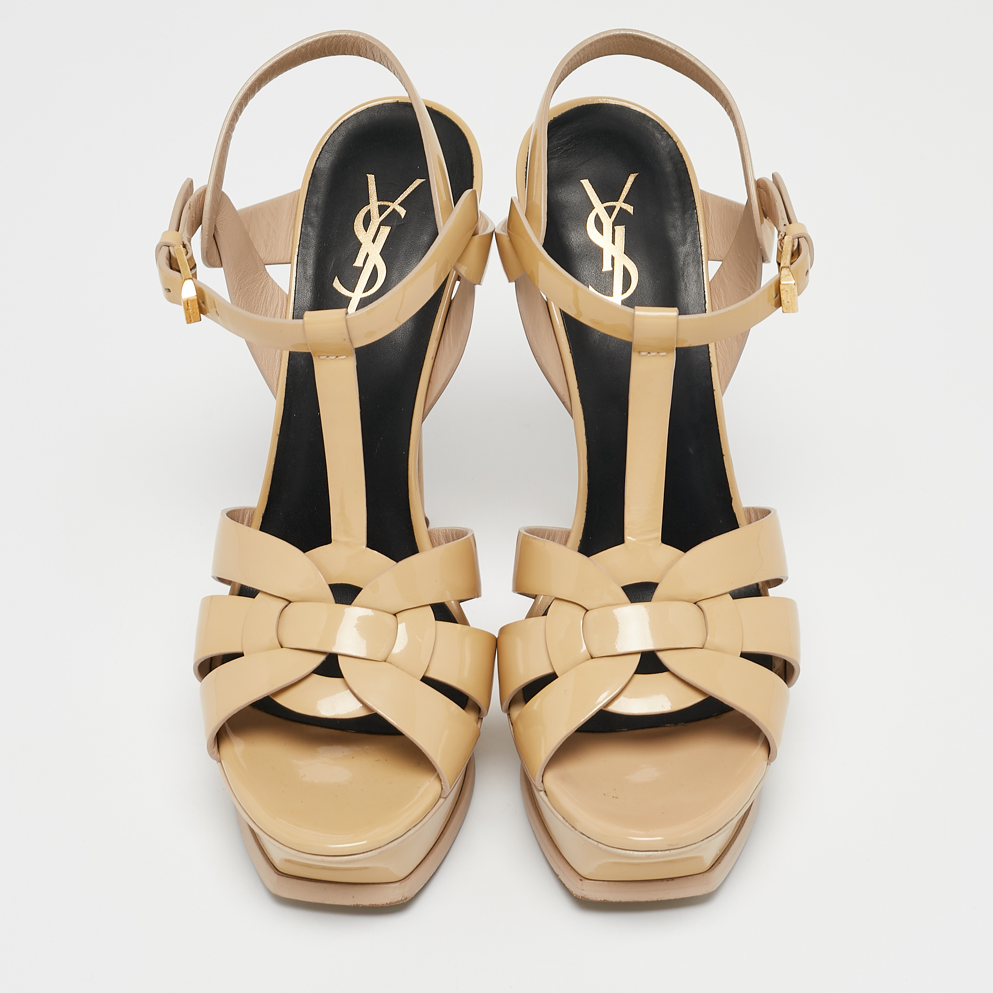 Saint Laurent Beige Patent Leather Tribute Platform Sandals Size 38.5 