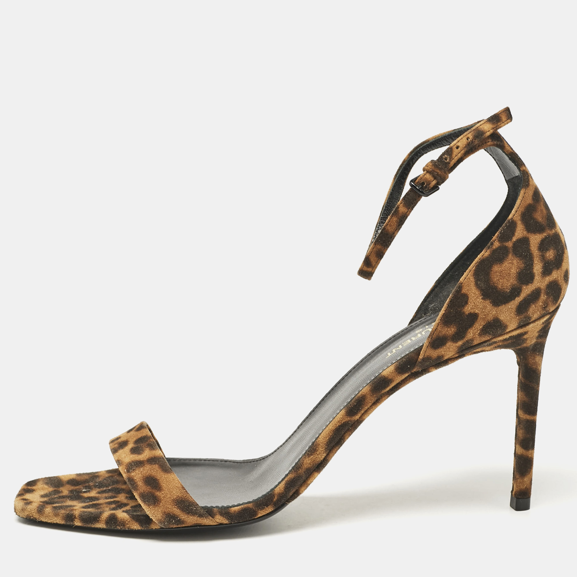 

Saint Laurent Brown Leopard Print Suede Ankle Strap Sandals Size