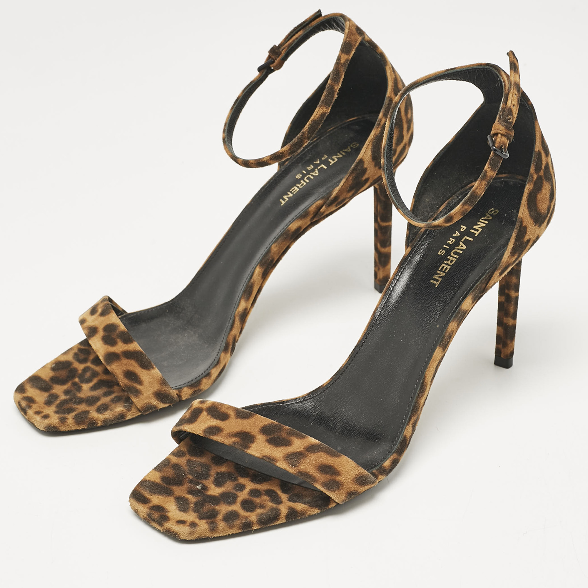 Saint Laurent Brown Leopard Print Suede Ankle Strap Sandals Size 42 