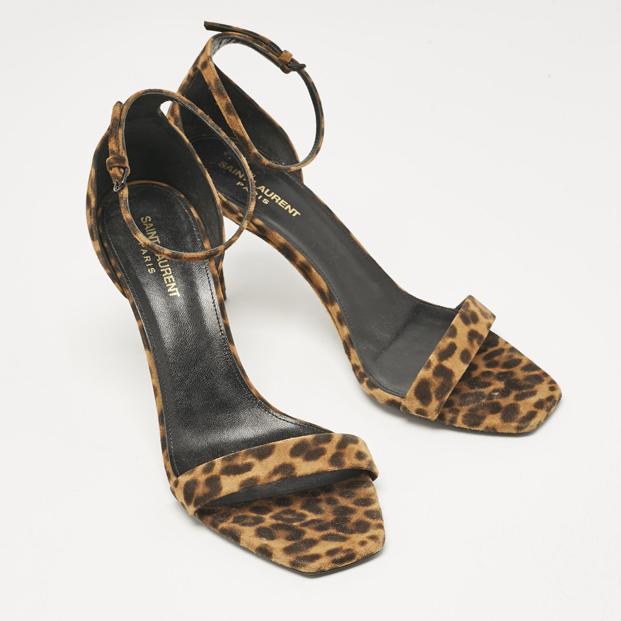 Saint Laurent Brown Leopard Print Suede Ankle Strap Sandals Size 42 