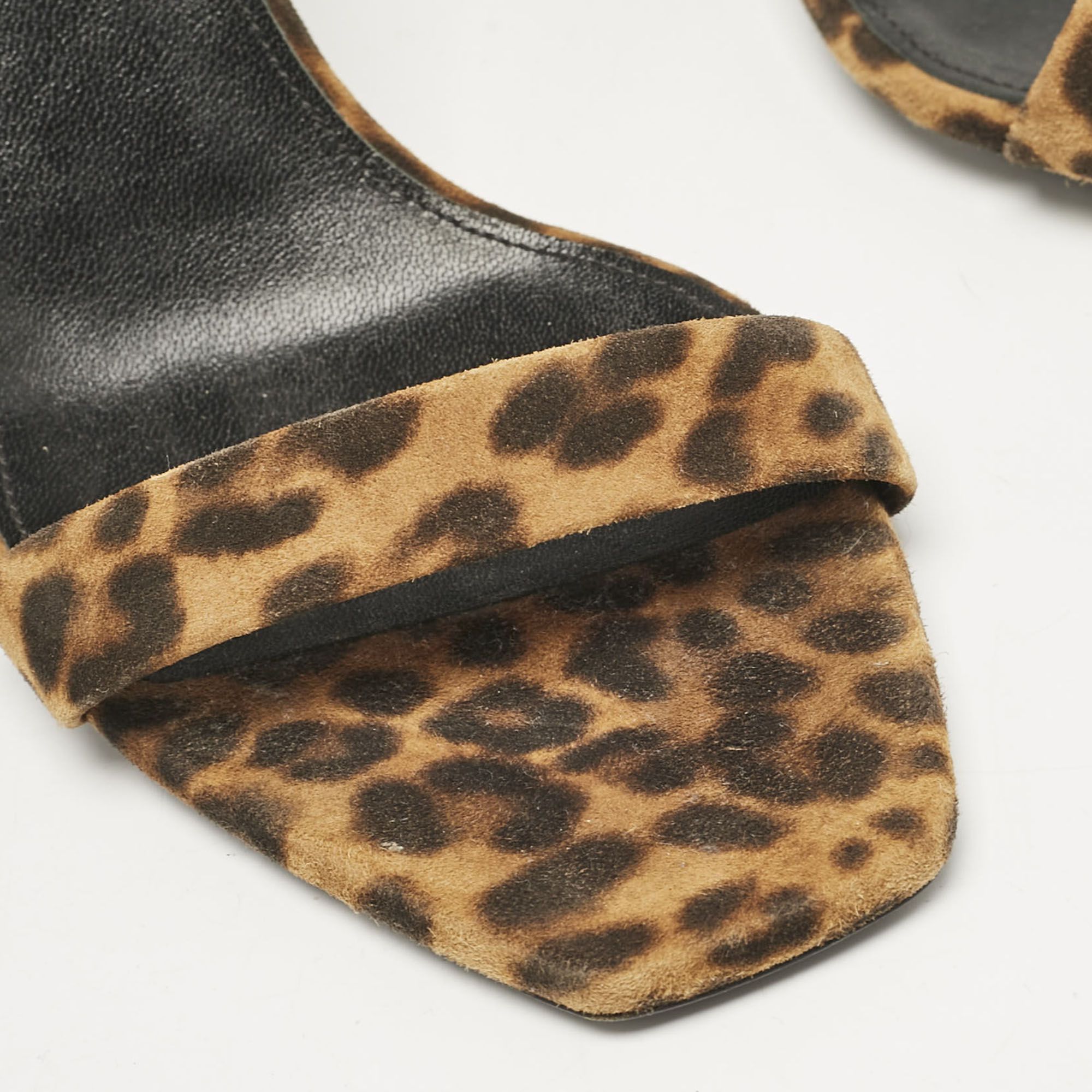 Saint Laurent Brown Leopard Print Suede Ankle Strap Sandals Size 42 