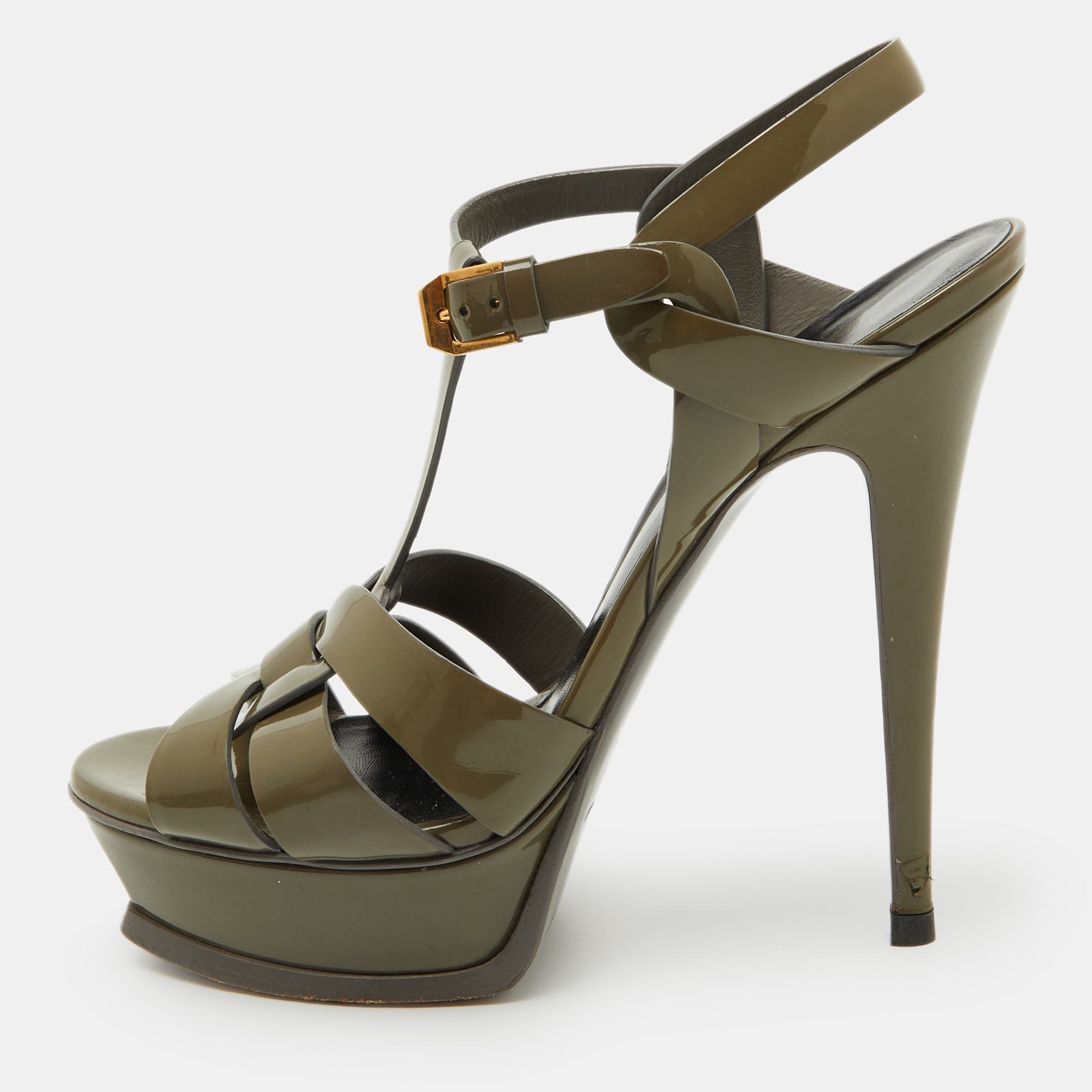 

Saint Laurent Olive Green Patent Leather Tribute Platform Sandals Size