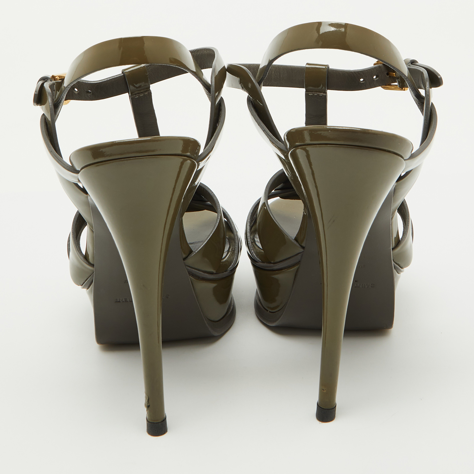 Saint Laurent Olive Green Patent Leather Tribute Platform Sandals Size 38 