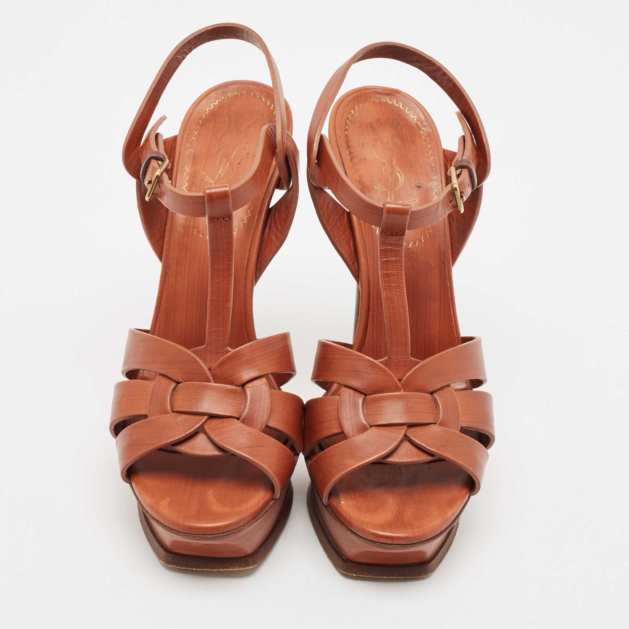 Saint Laurent Brown Leather Tribute Platform Ankle Strap Sandals Size 38 