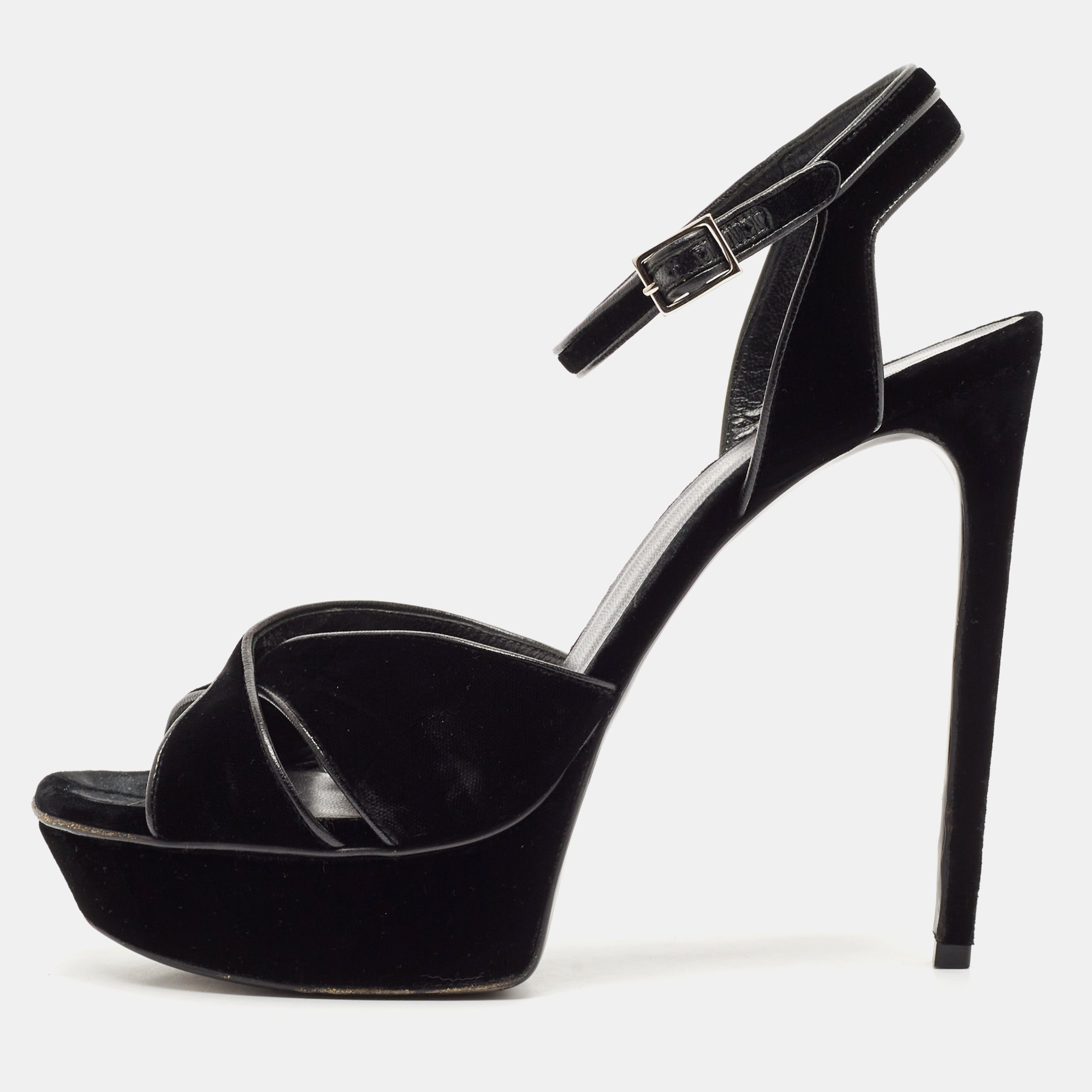 

Saint Laurent Black Velvet Tribute Ankle Strap Sandals Size