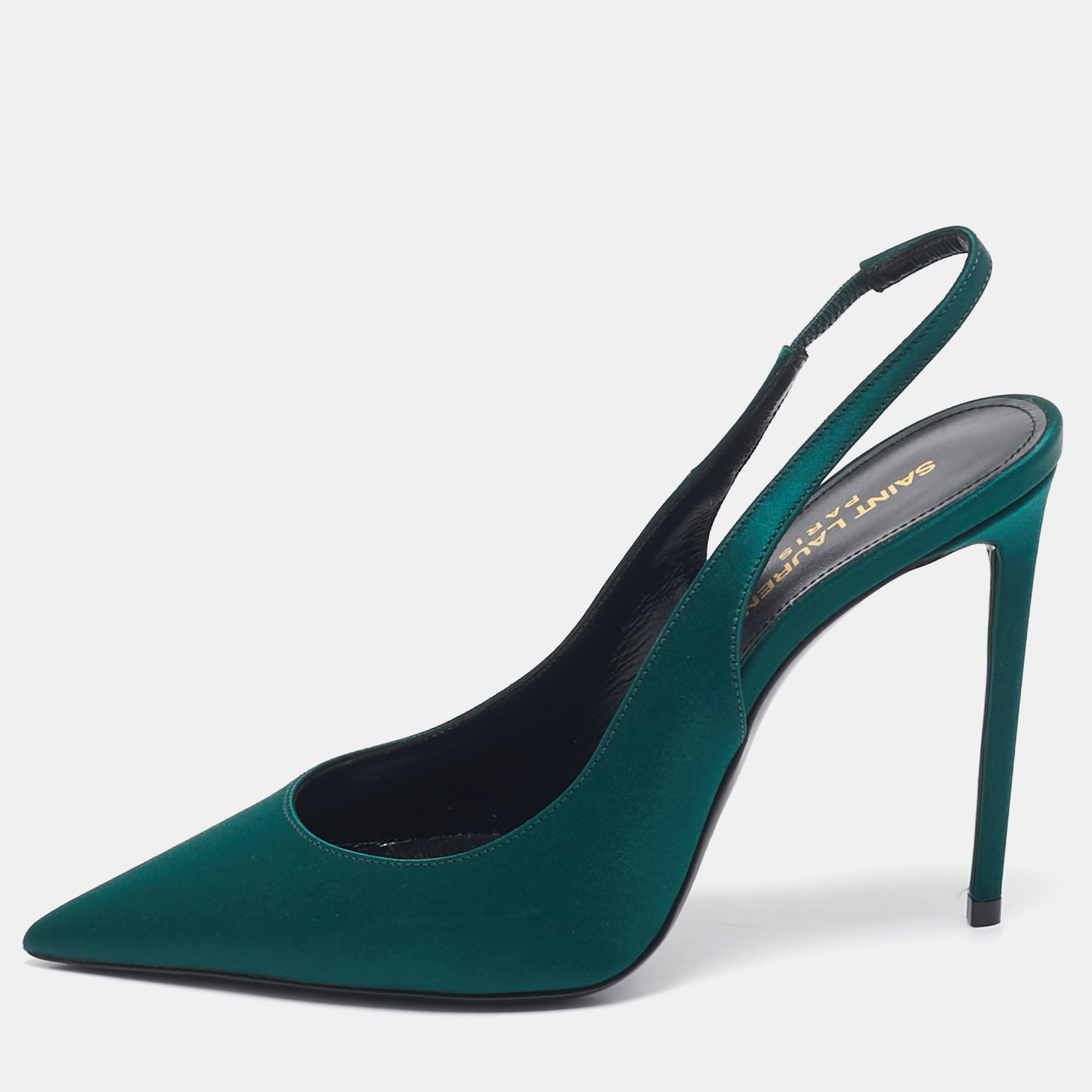 

Saint Laurent Green Satin Zoe Slingback Pumps Size