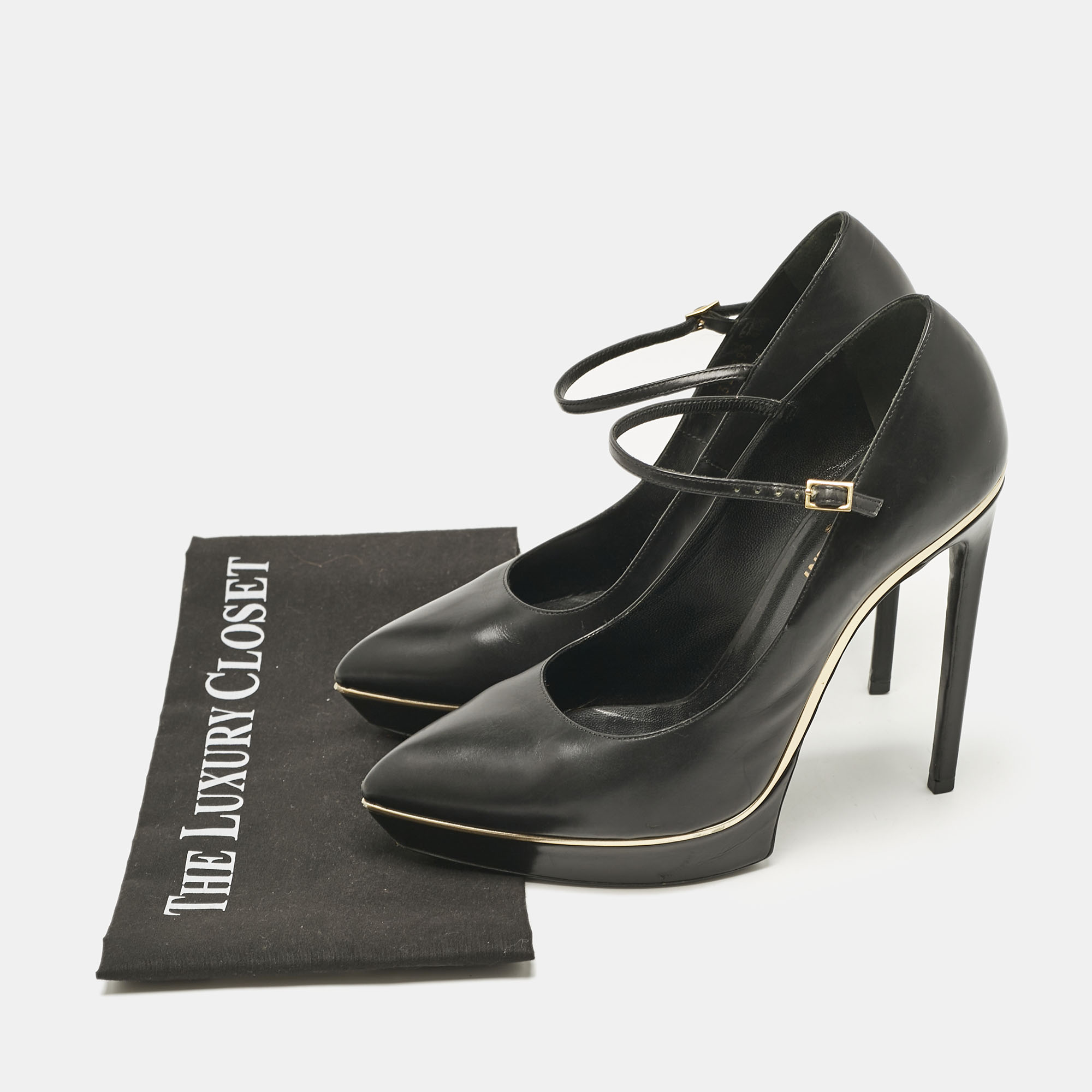 Saint Laurent Black Patent Leather Pointed Toe Ankle Strap Platform Pumps Size 40.5 