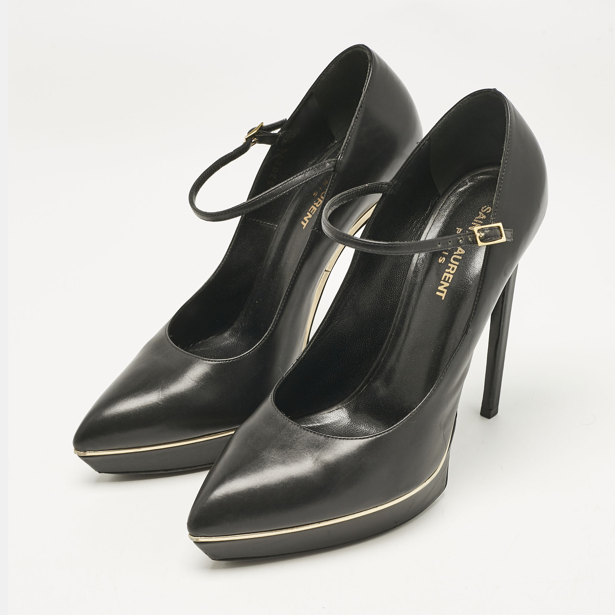 Saint Laurent Black Patent Leather Pointed Toe Ankle Strap Platform Pumps Size 40.5 