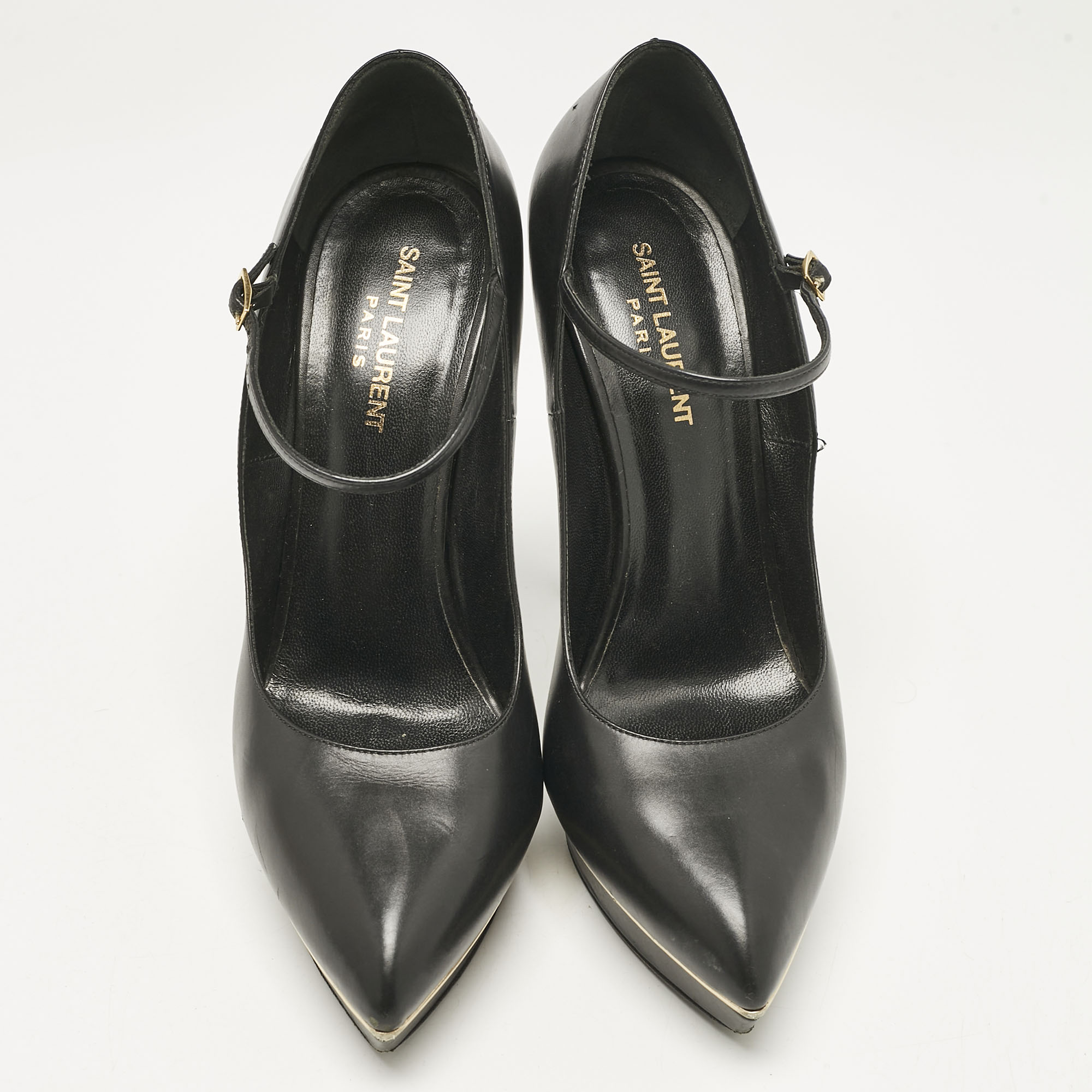 Saint Laurent Black Patent Leather Pointed Toe Ankle Strap Platform Pumps Size 40.5 