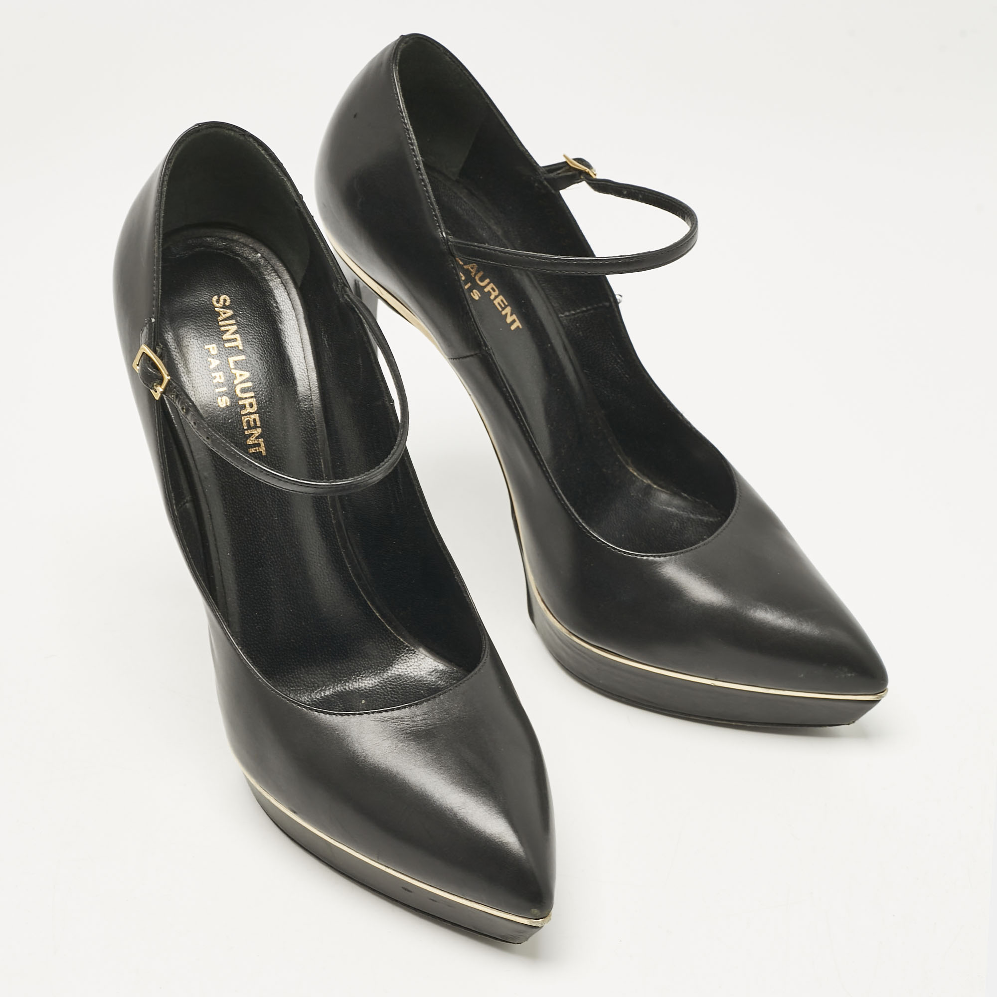 Saint Laurent Black Patent Leather Pointed Toe Ankle Strap Platform Pumps Size 40.5 
