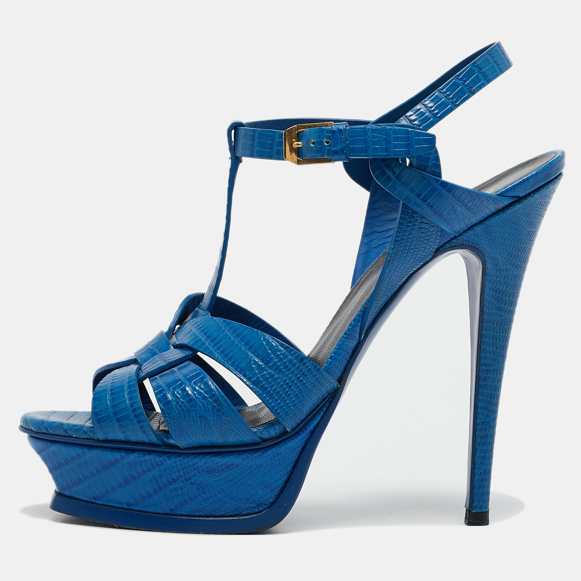 

Saint Laurent Blue Lizard Embossed Leather Tribute Platform Sandals Size