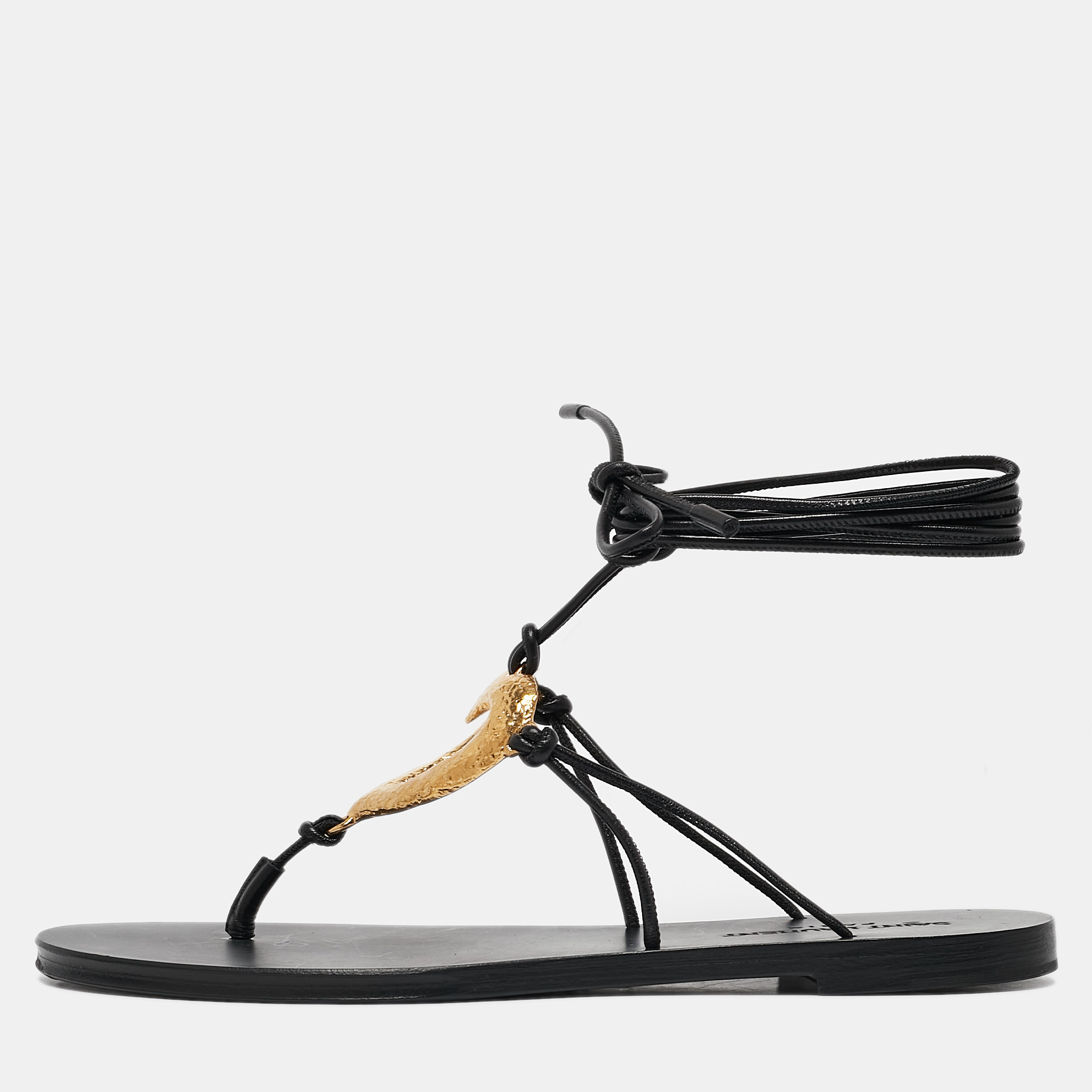 

Saint Laurent Black Leather Love Ankle Tie Flat Sandals Size