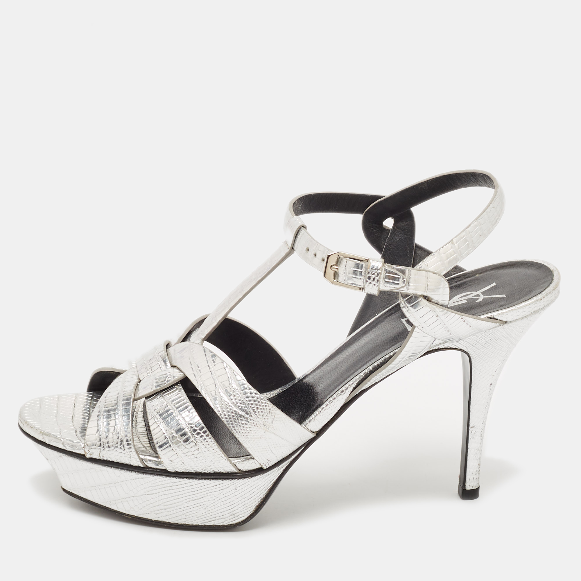 

Saint Laurent Paris Metallic Lizard Embossed Leather Tribute Sandals Size, Silver