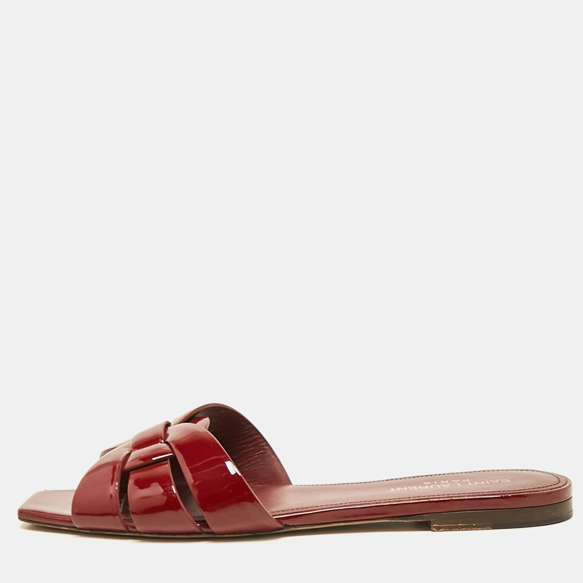 

Saint Laurent Red Patent Leather Tribute Flat Slides Size