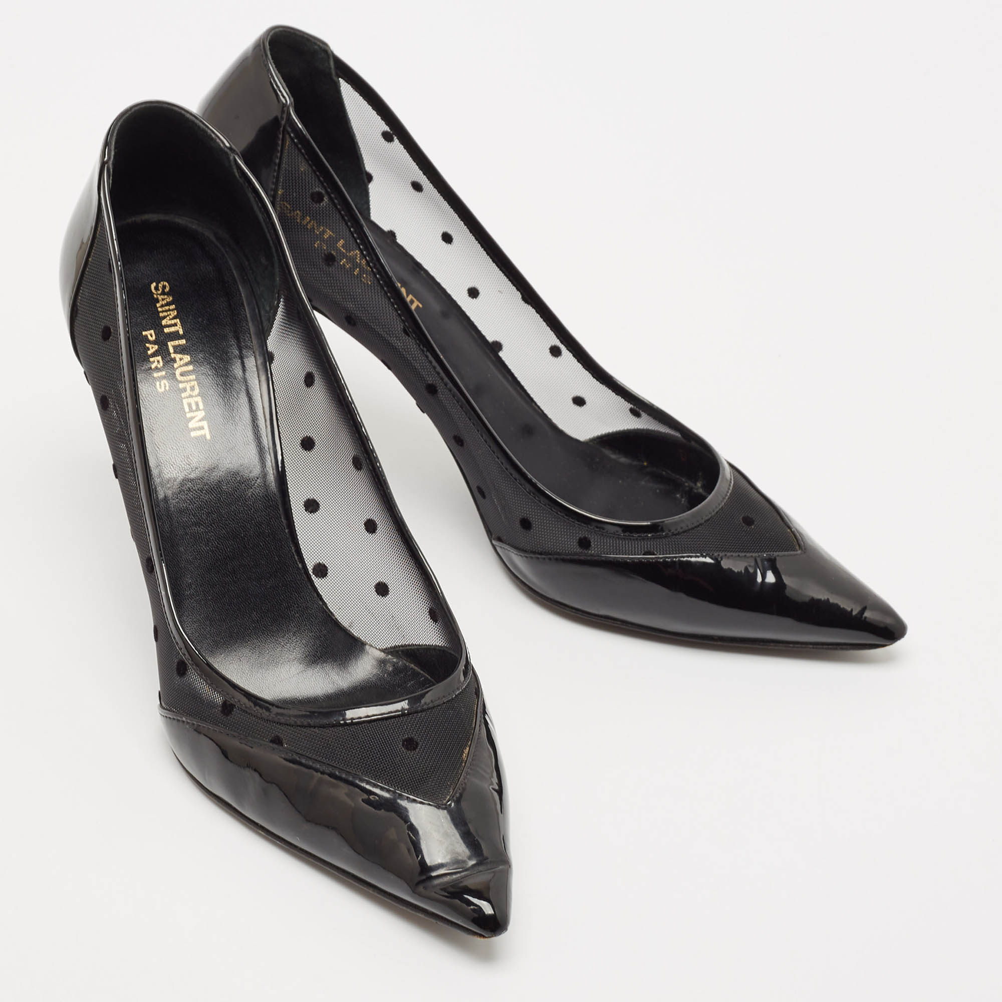 Saint Laurent Black Mesh and Leather Pointed Toe Pumps Size 39 