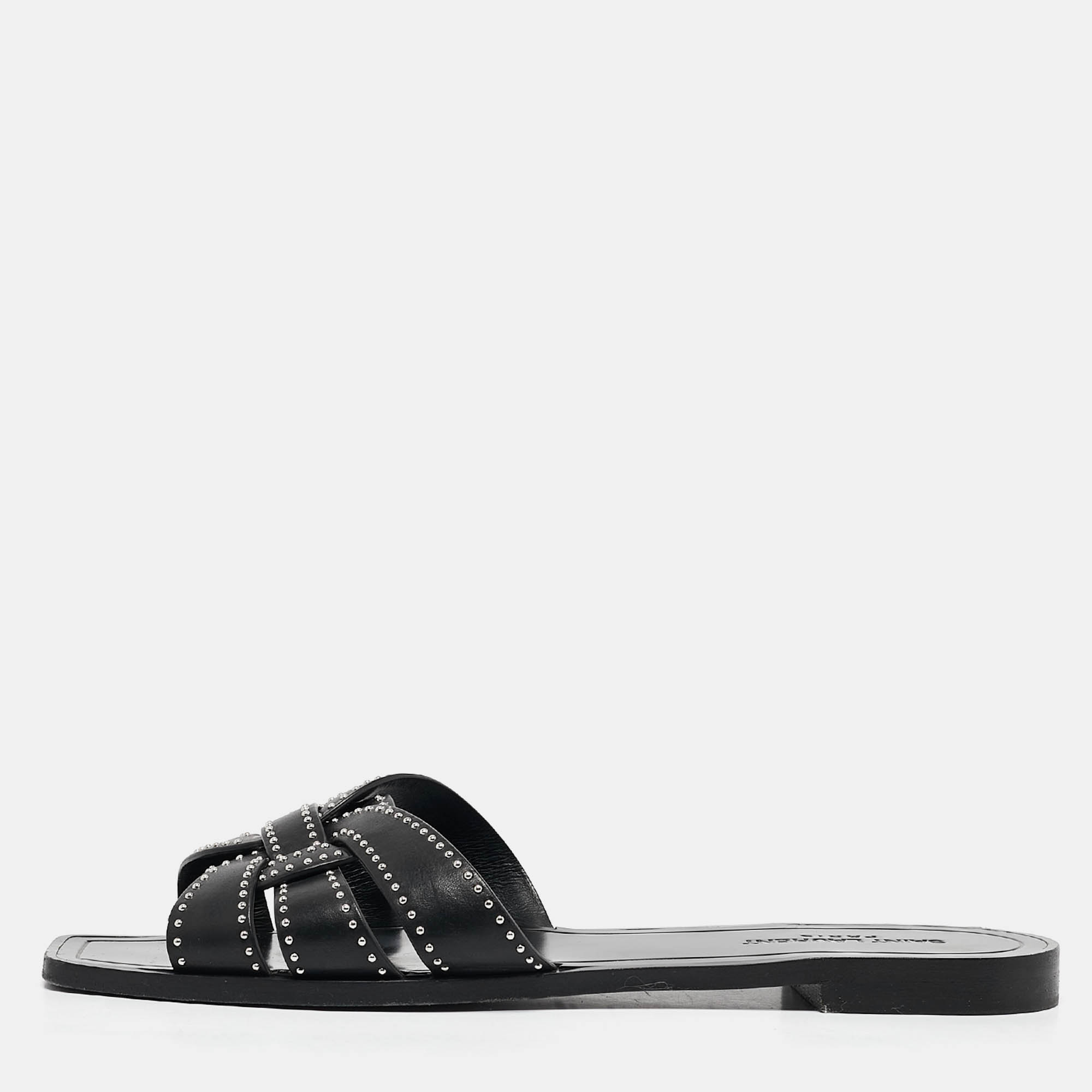 

Saint Laurent Black Leather Embellished Tribute Flat Sandals Size