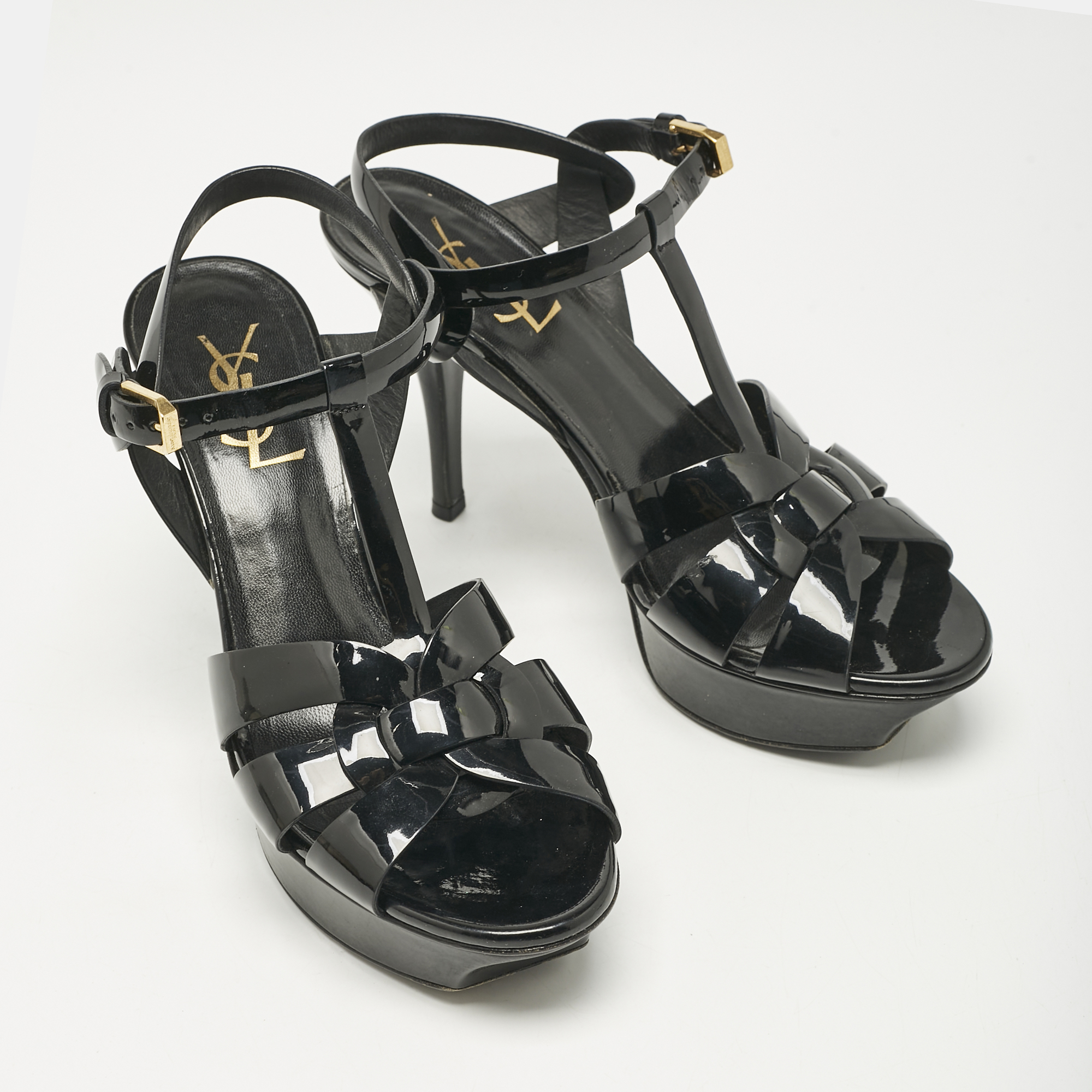 Saint Laurent Black Patent Leather Tribute Ankle Strap Platform Sandals Size 37 