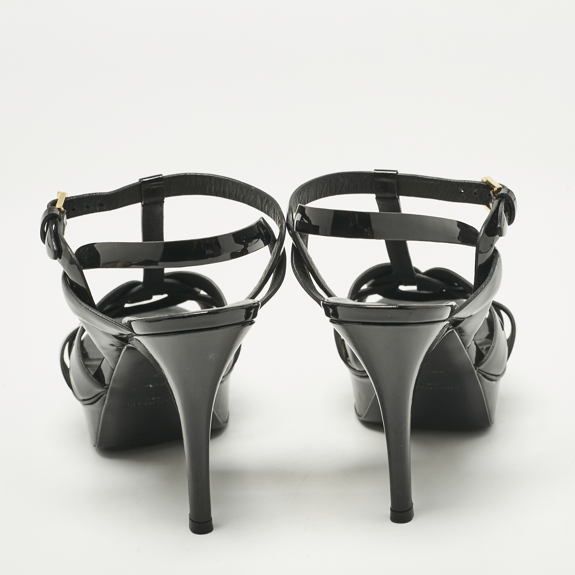 Saint Laurent Black Patent Leather Tribute Ankle Strap Platform Sandals Size 37 