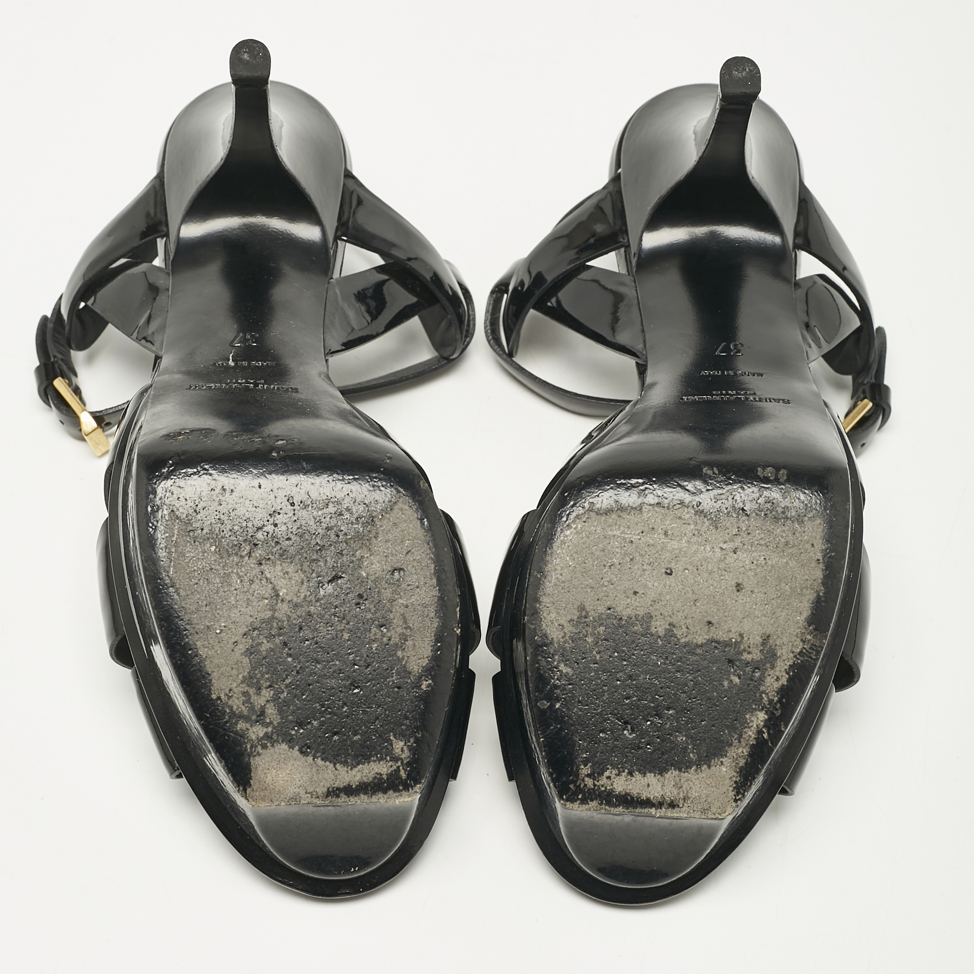 Saint Laurent Black Patent Leather Tribute Ankle Strap Platform Sandals Size 37 