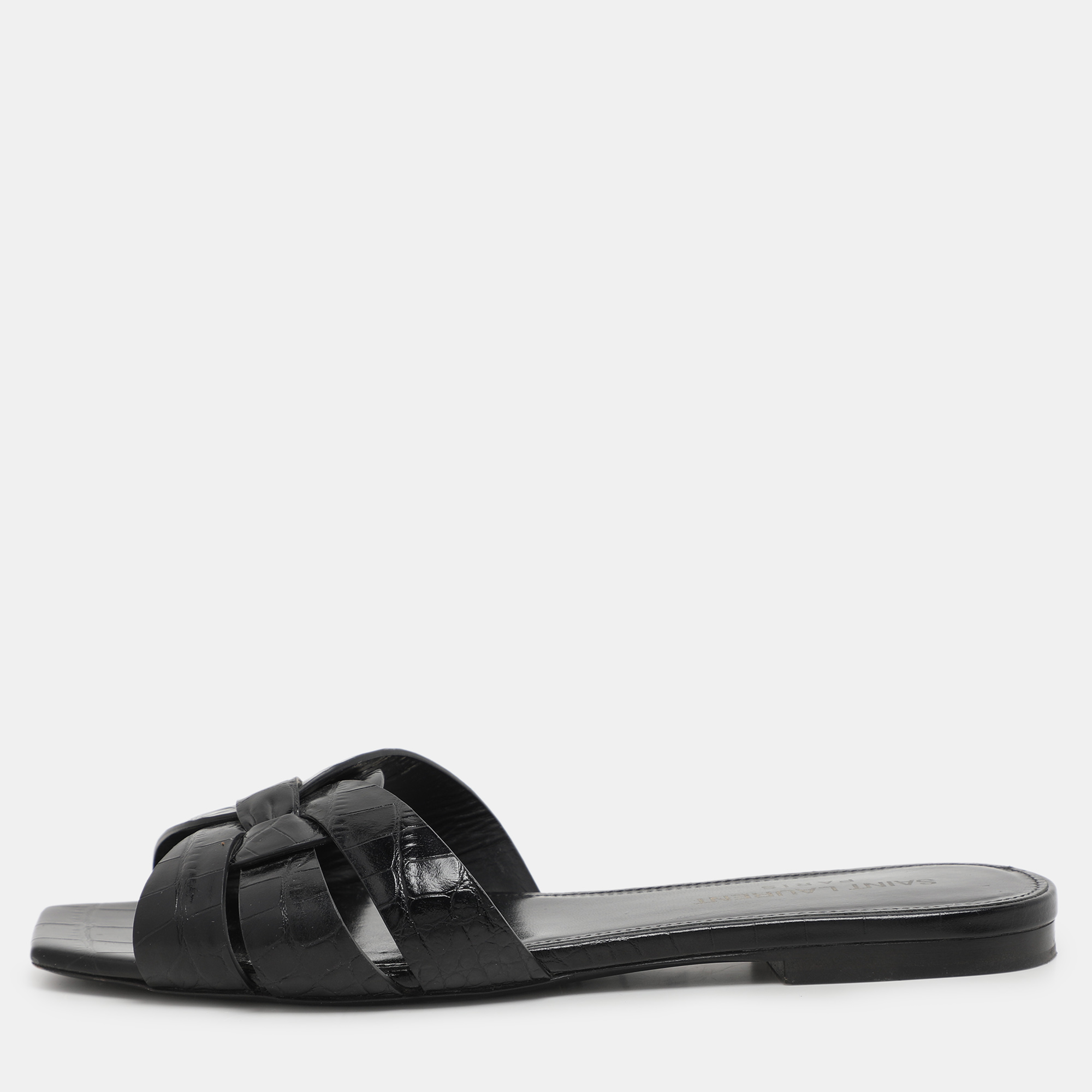 

Saint Laurent Black Croc Embossed Leather Tribute Slide Sandals Size 35