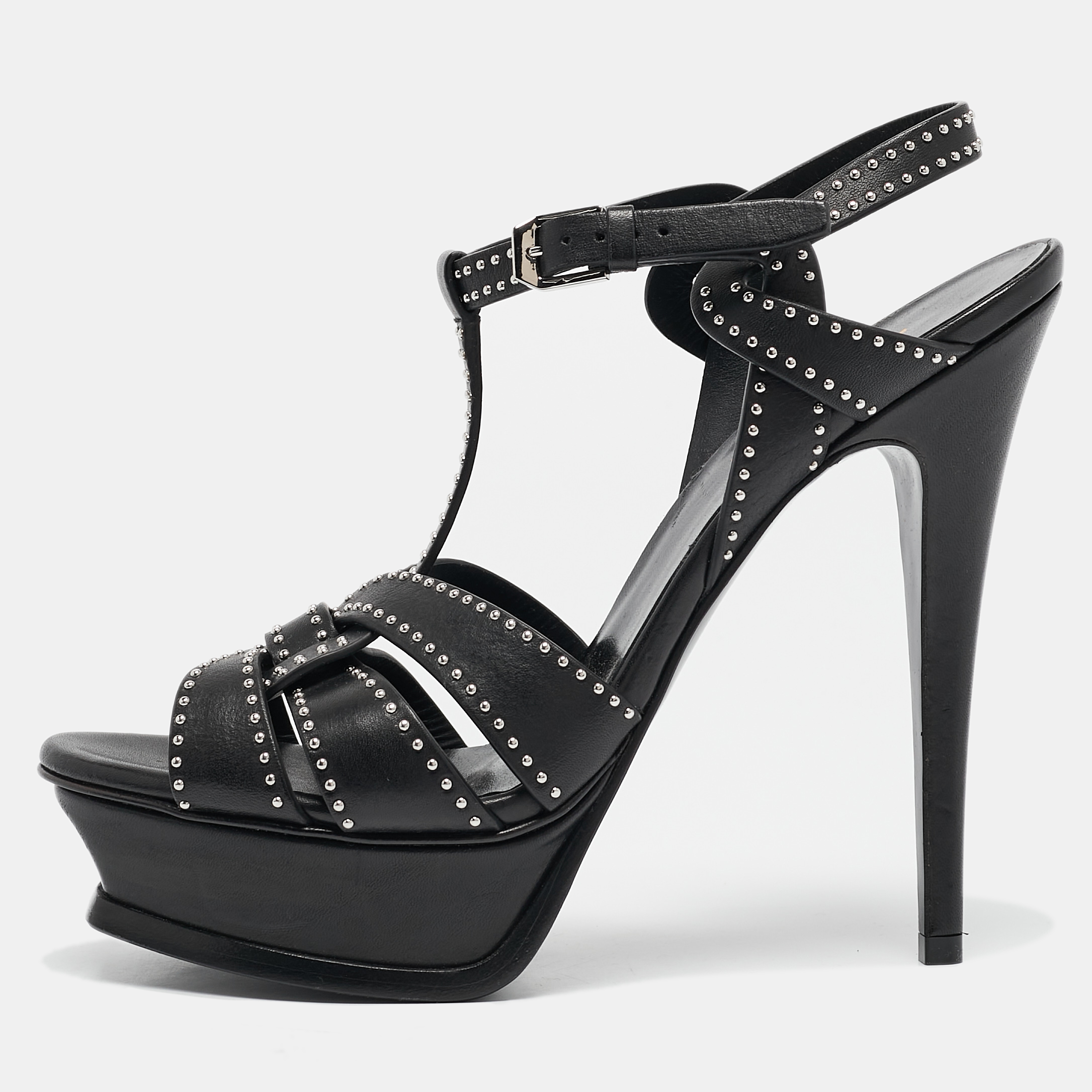 

Saint Laurent Black Studded Leather Tribute Platform Sandals Size