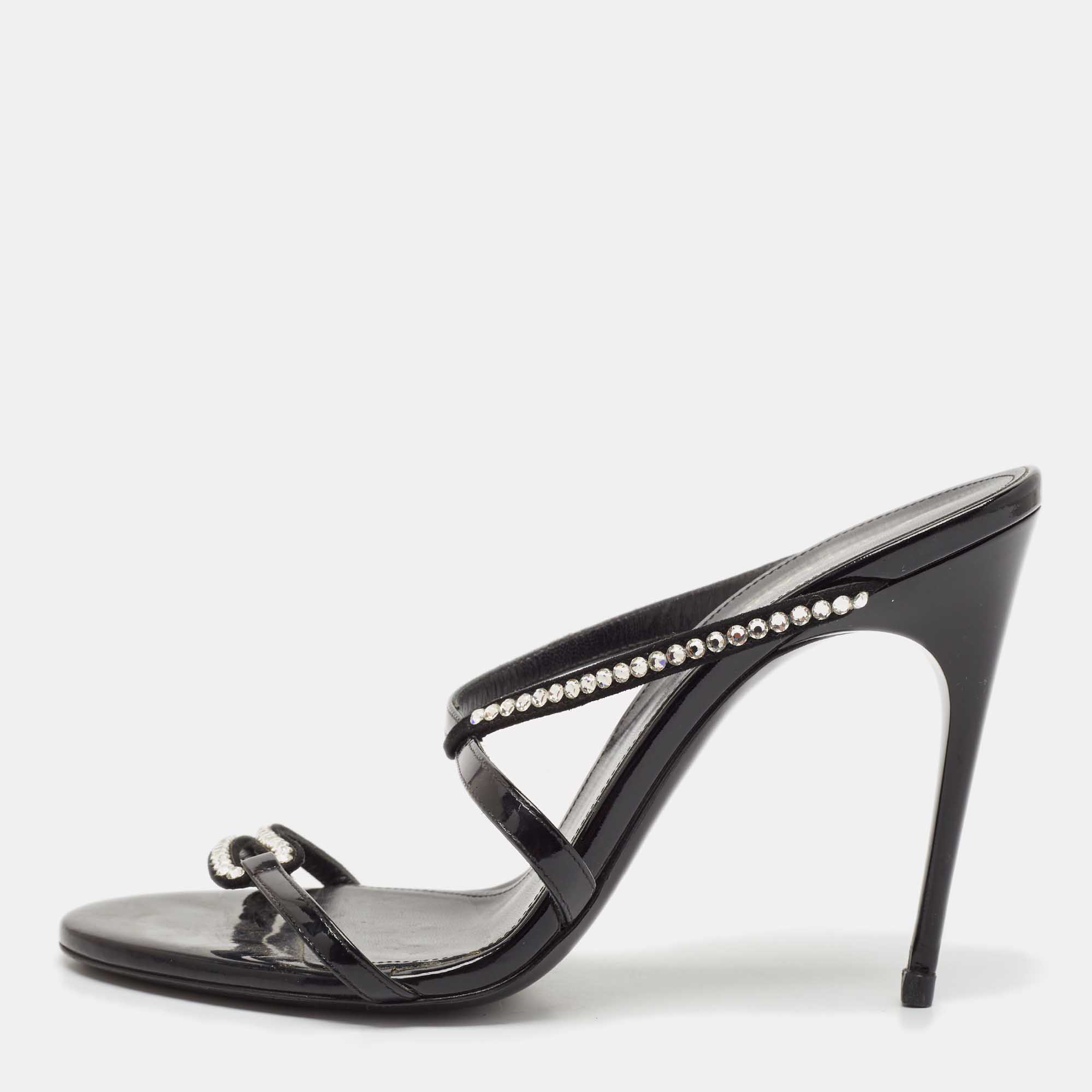 

Saint Laurent Black Suede and Patent Leather Crystal Slide Sandals Size