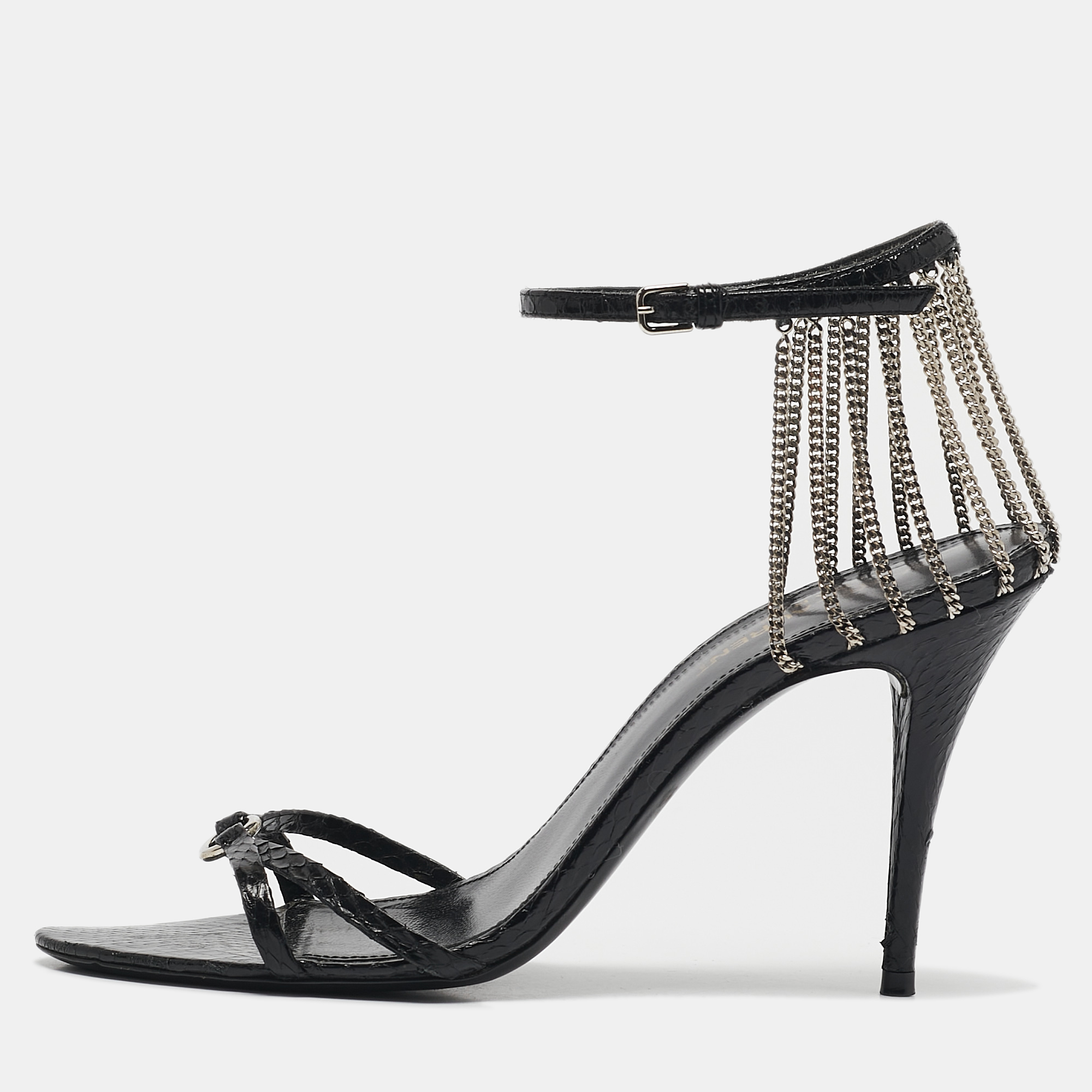 

Saint Laurent Black Snakeskin Leather Chain Ankle Strap Sandals Size 37