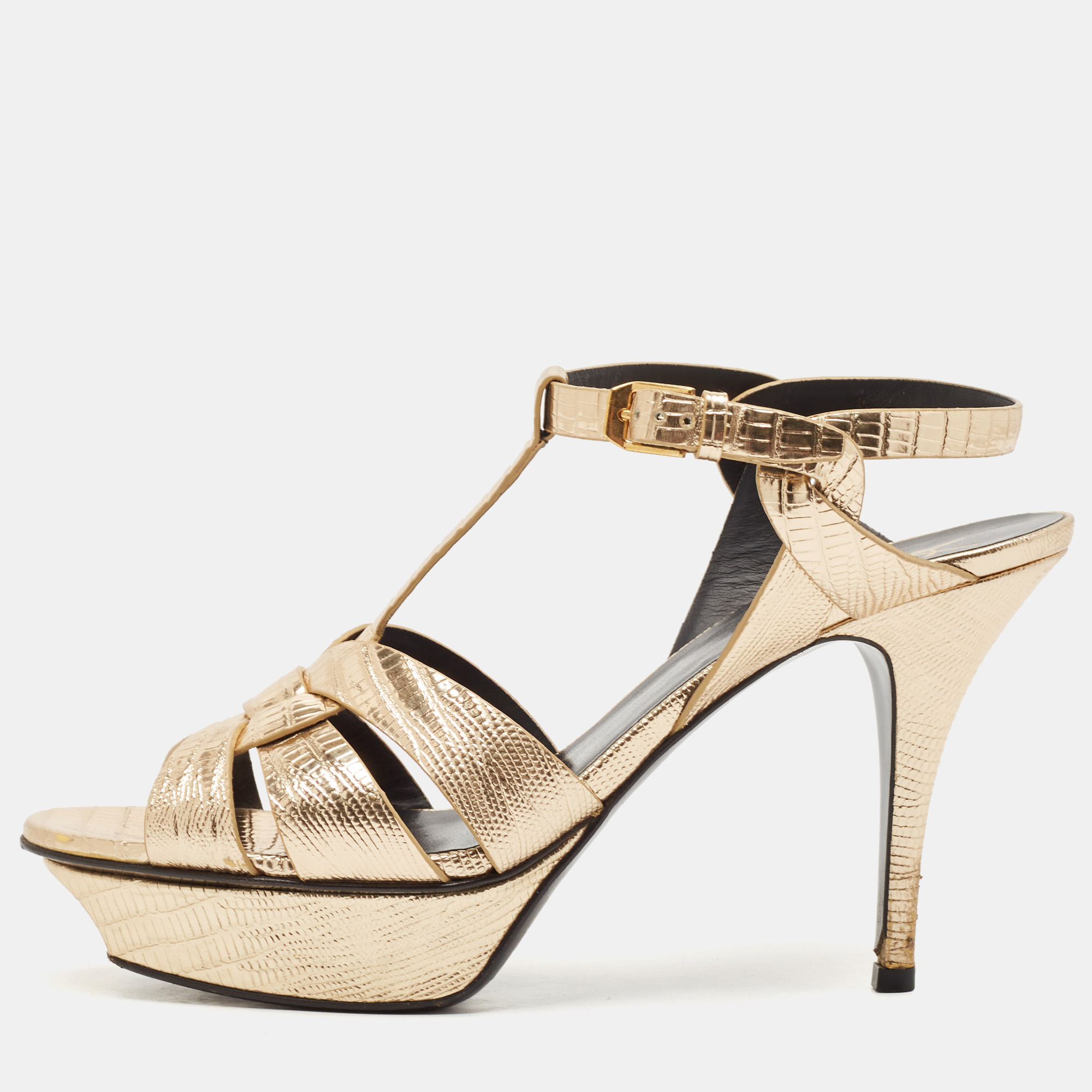 

Saint Laurent Gold Lizard Embossed Leather Tribute Ankle Strap Sandals Size