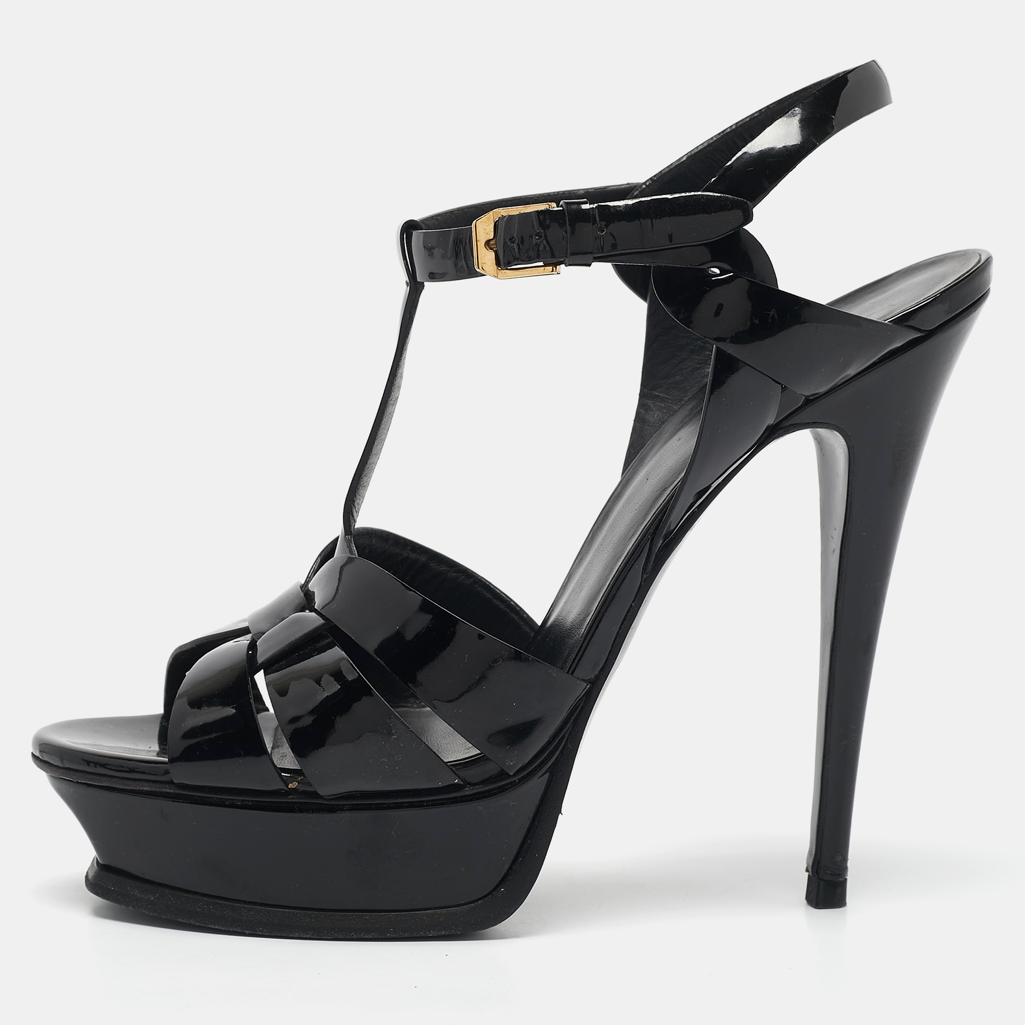 

Saint Laurent Black Patent Leather Tribute Platform Ankle Strap Sandals Size